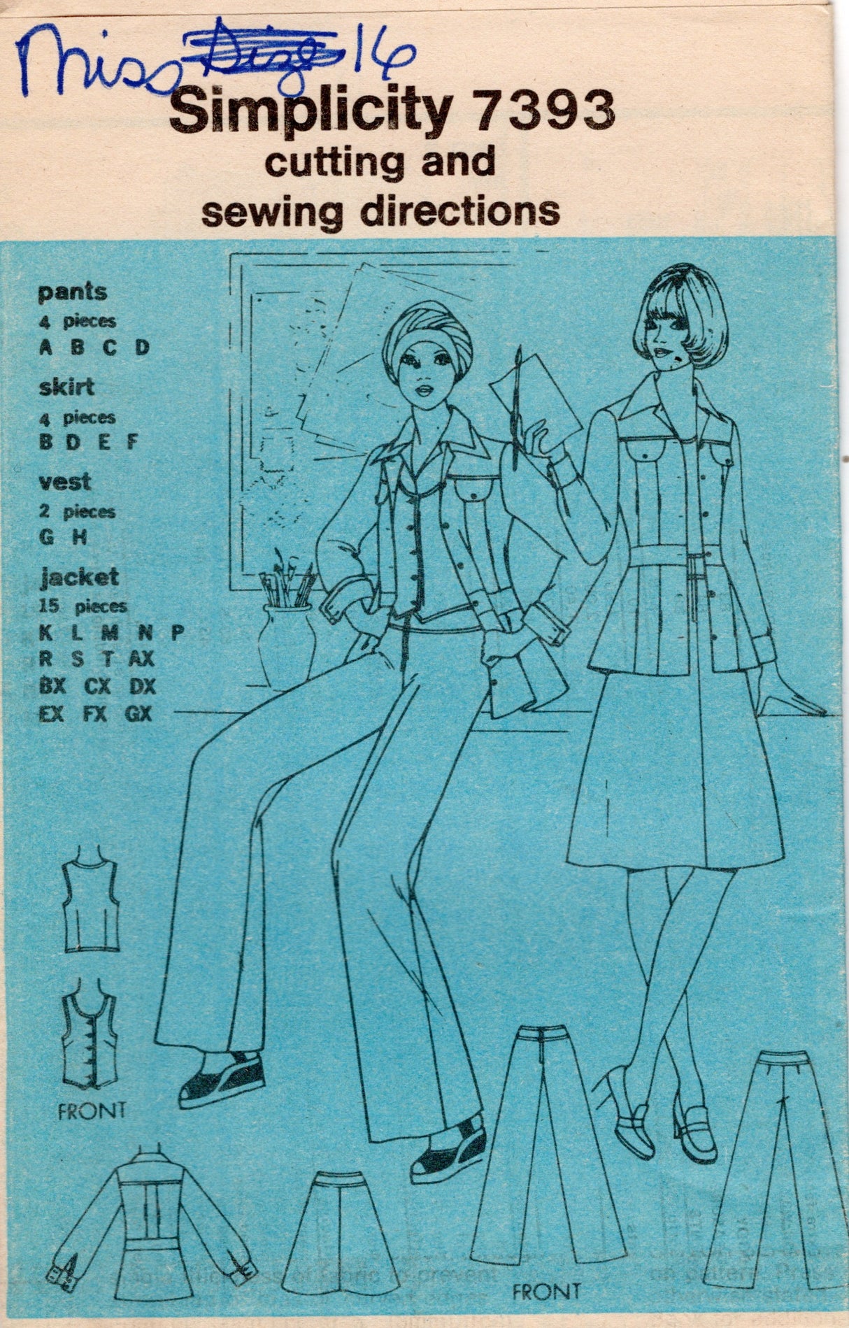 1970's Simplicity Unlined Jacket, Vest, A-line Skirt and Pants pattern - Bust 38" - No. 7393