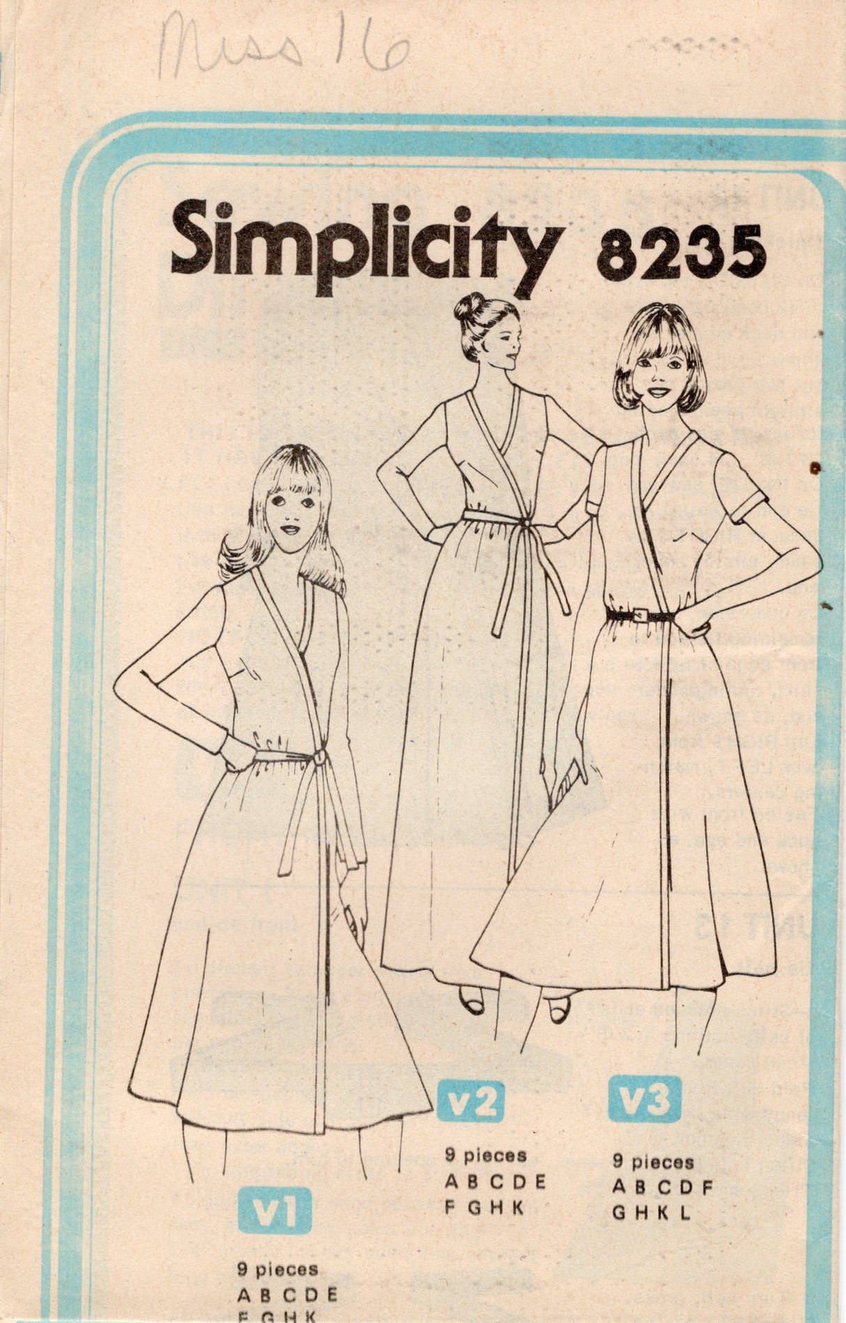 1970's Simplicity Front Wrap Dress pattern - Bust 38" - No. 8235