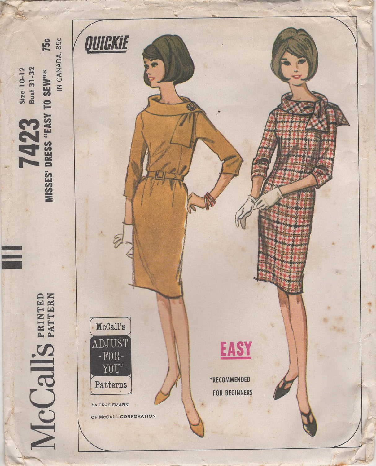 1960's McCall's Shift Dress Pattern with Large Bias Collar - Bust 31-32" - No. 7423