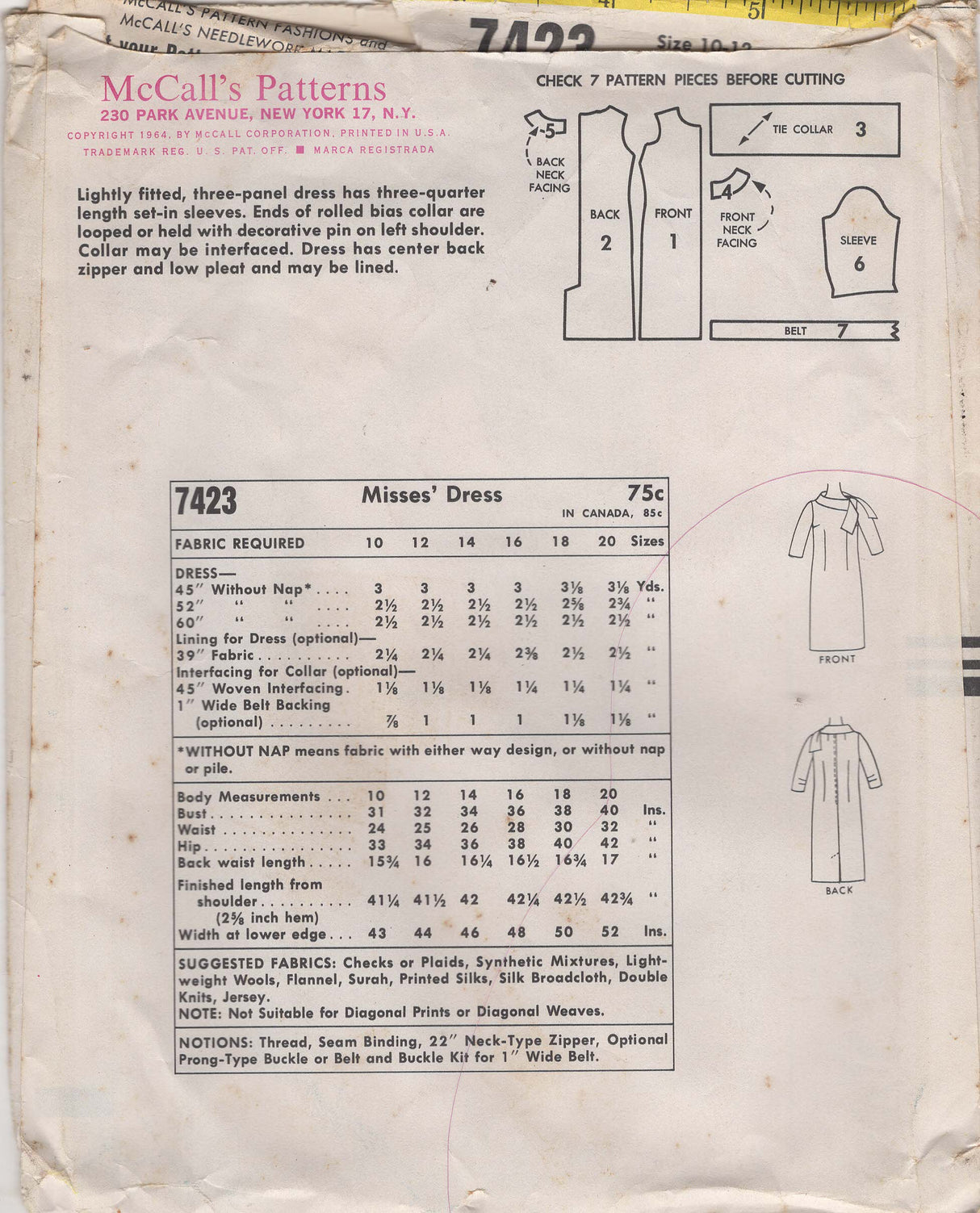 1960's McCall's Shift Dress Pattern with Large Bias Collar - Bust 31-32" - No. 7423
