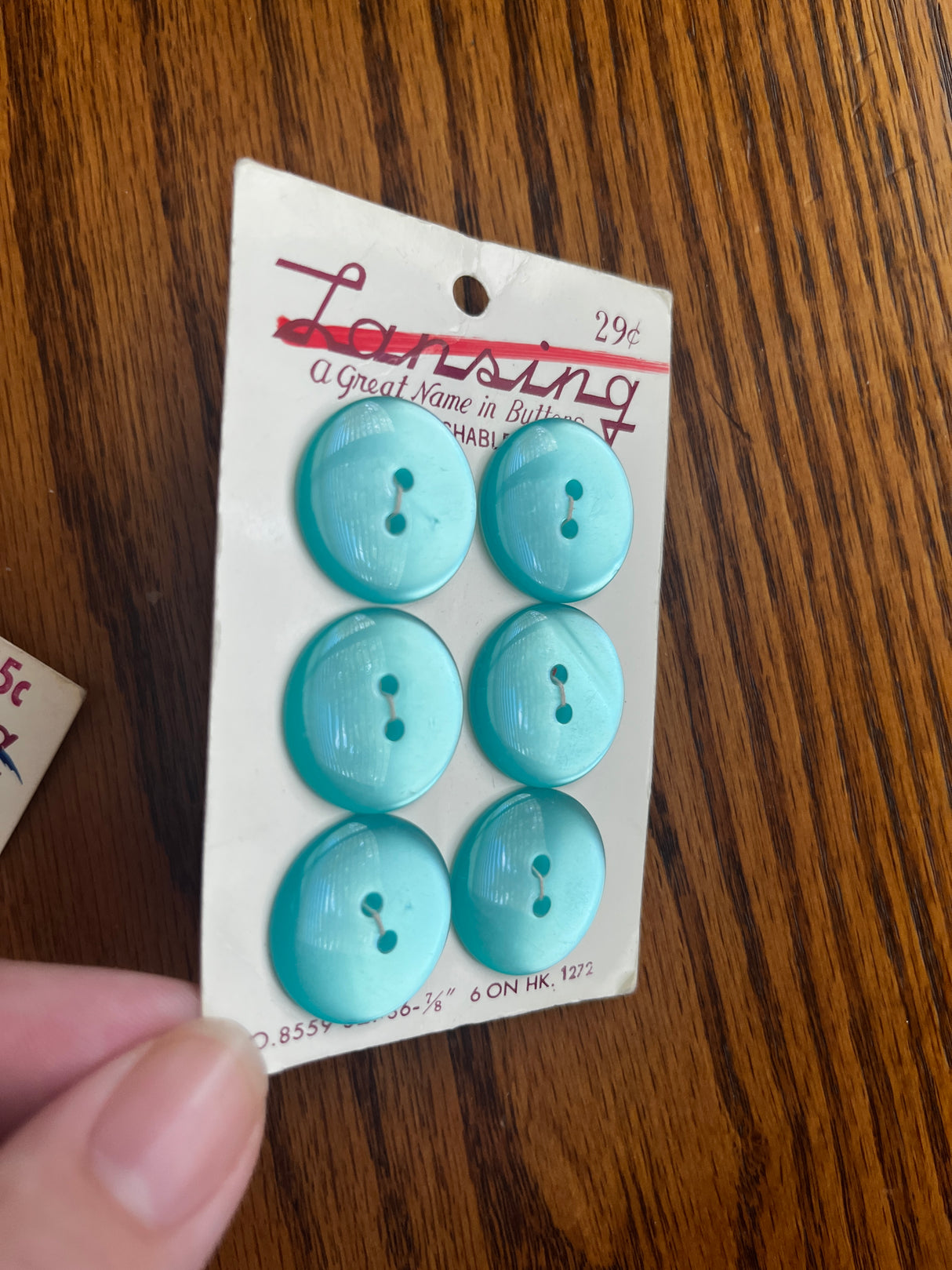1960’s Lansing Blue Green Pearlescent Plastic Button - Set of 6 - 7/8” - on card