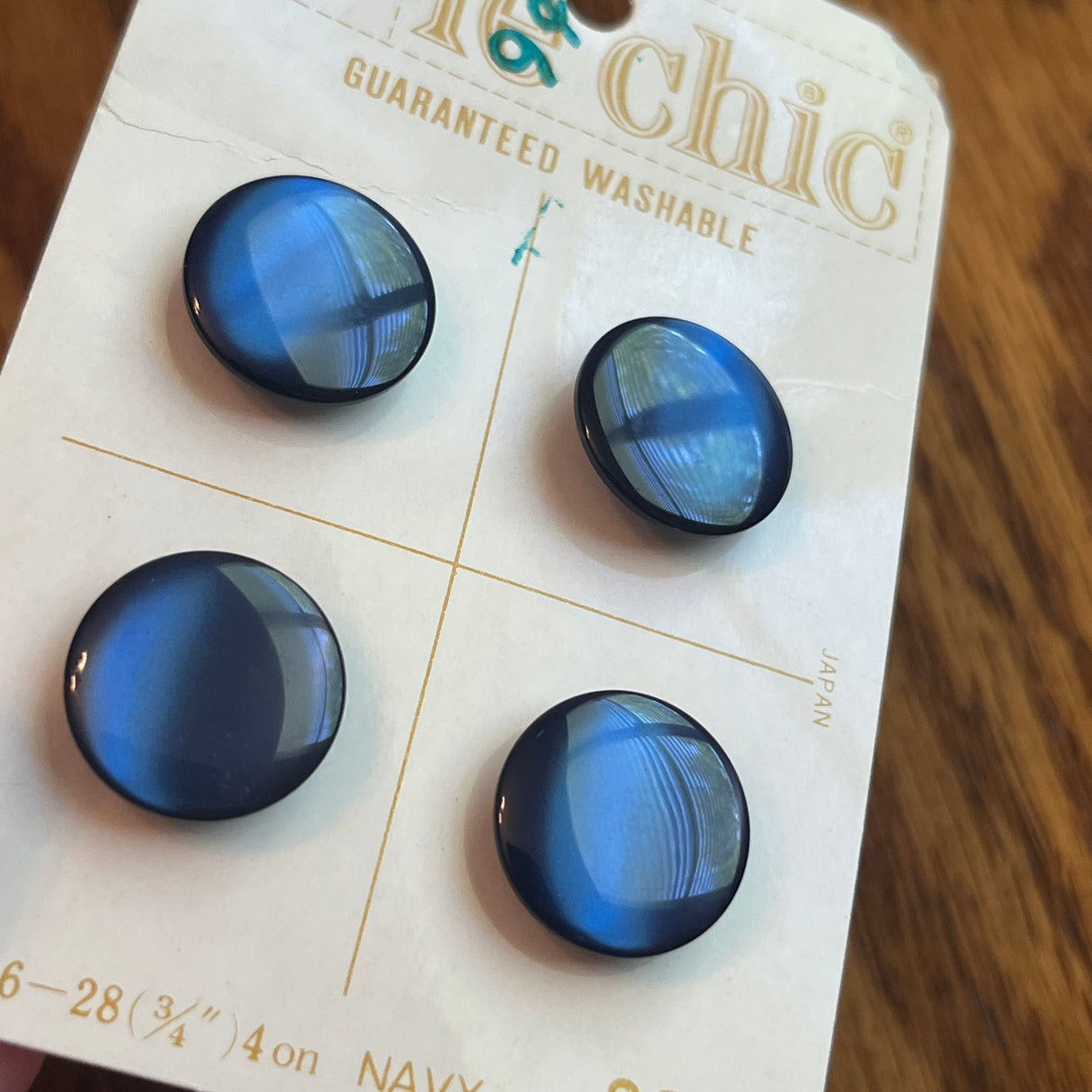 1960’s Le Chic Plastic Buttons - Opalescent Navy - Set of 4 - 3/4" - on card