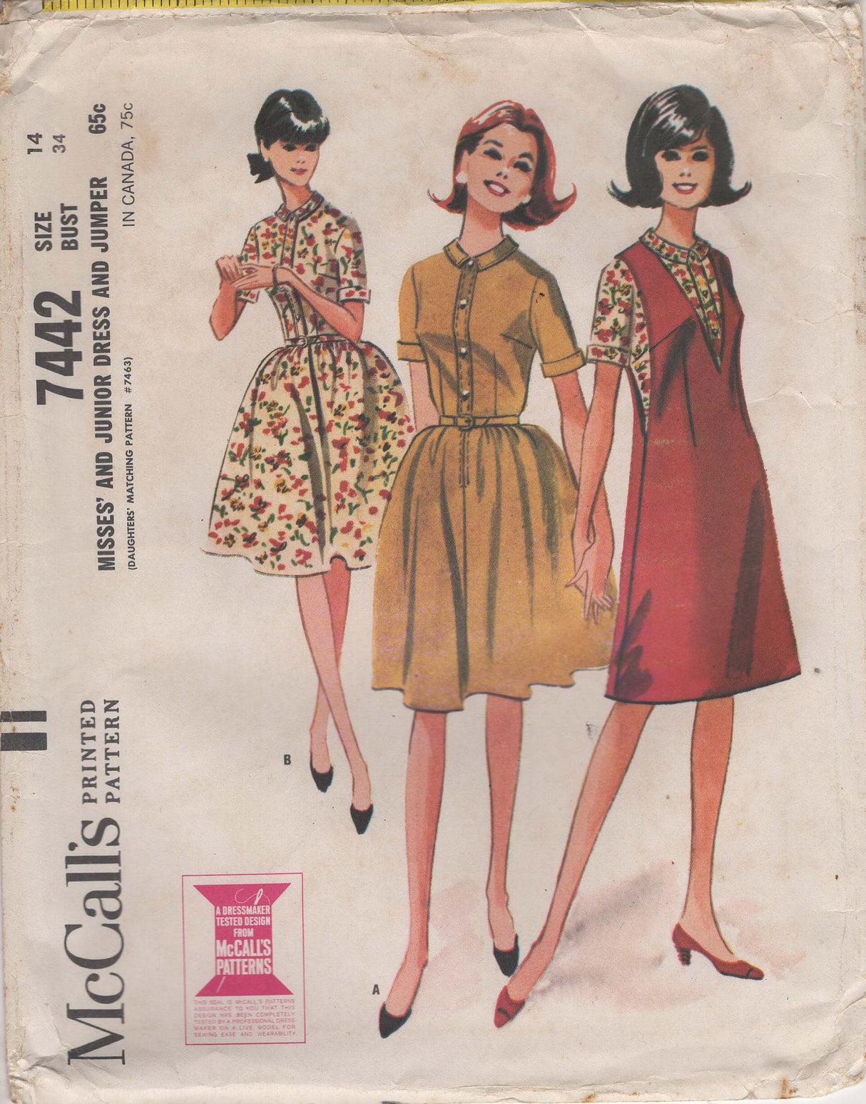 1960's McCall's Shirtwaist Dress and Jumper Dress Pattern - Bust 34" - No. 7442
