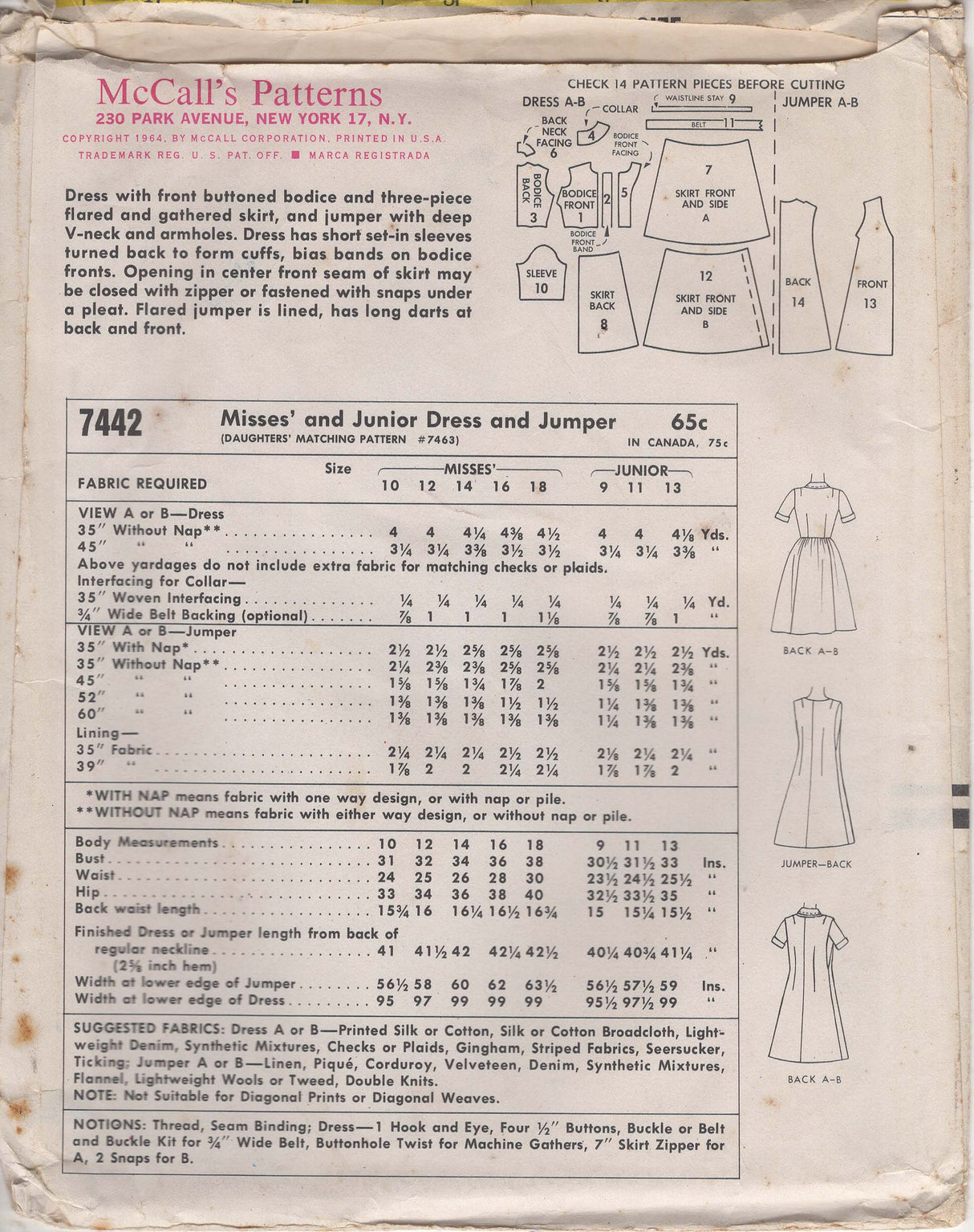 1960's McCall's Shirtwaist Dress and Jumper Dress Pattern - Bust 34" - No. 7442