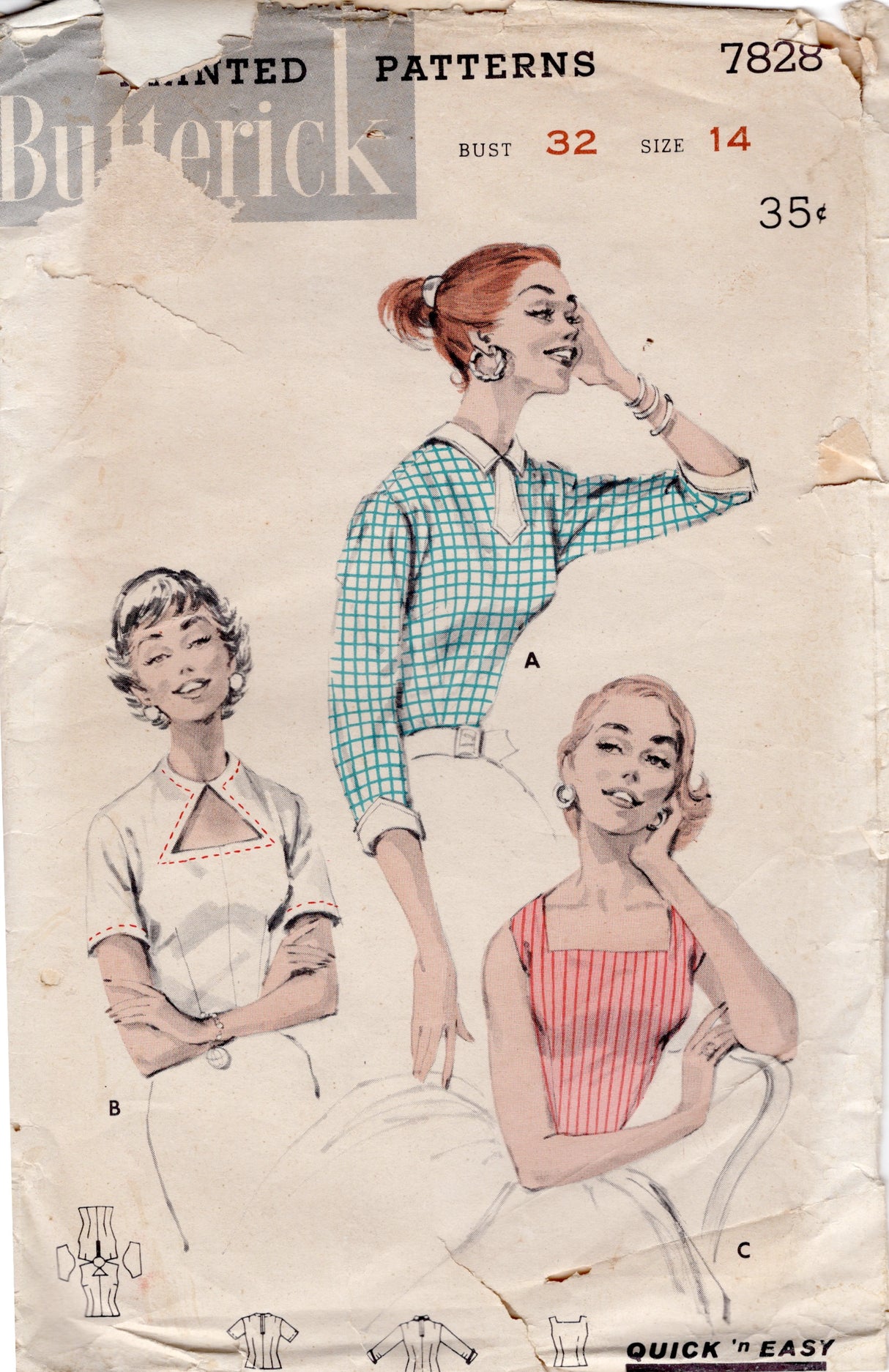 1950's Butterick Set of Blouses Pattern - Bust 32" - No. 7828