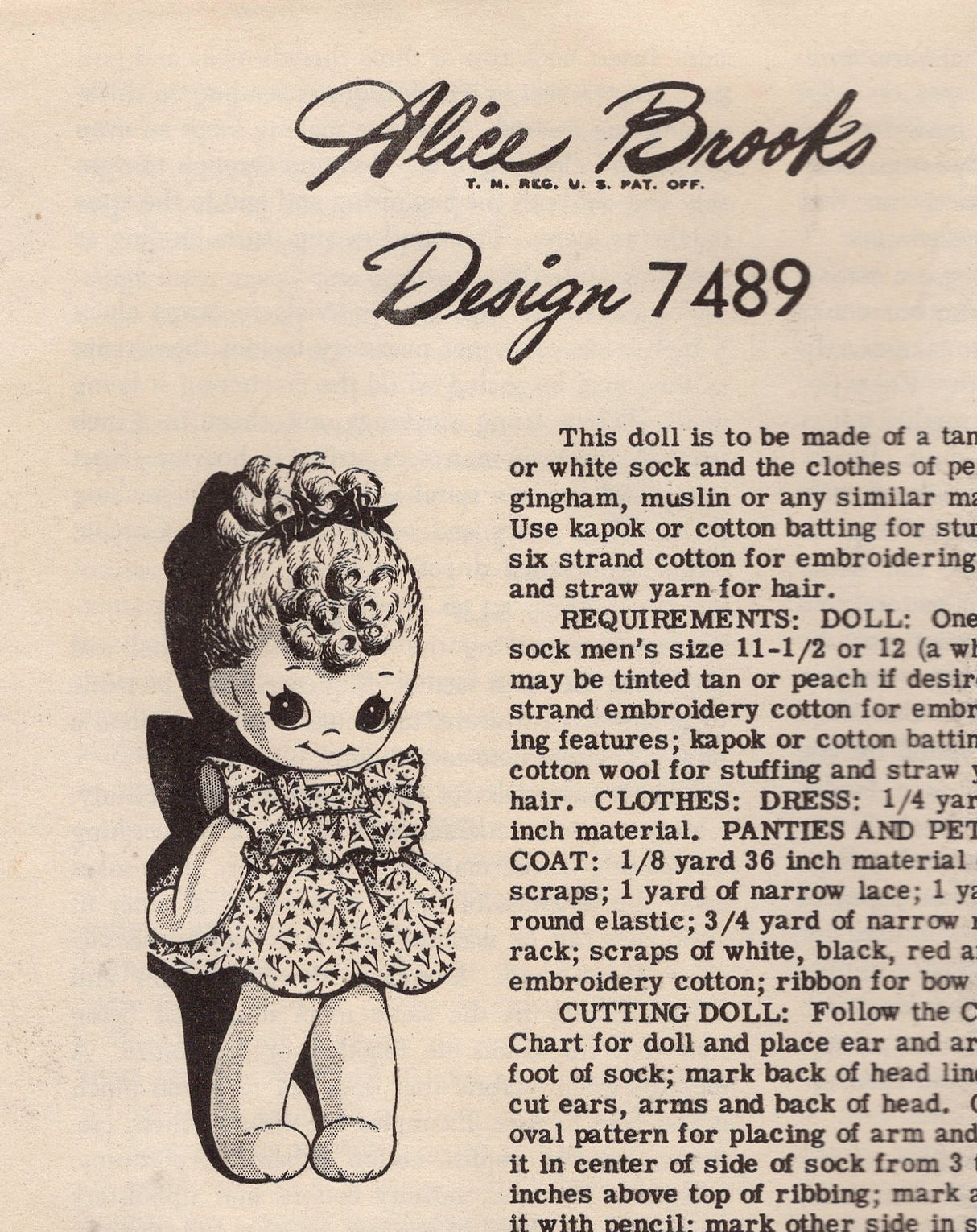 1940's Mail Order Sock Doll  and Dress Pattern - No. 7489