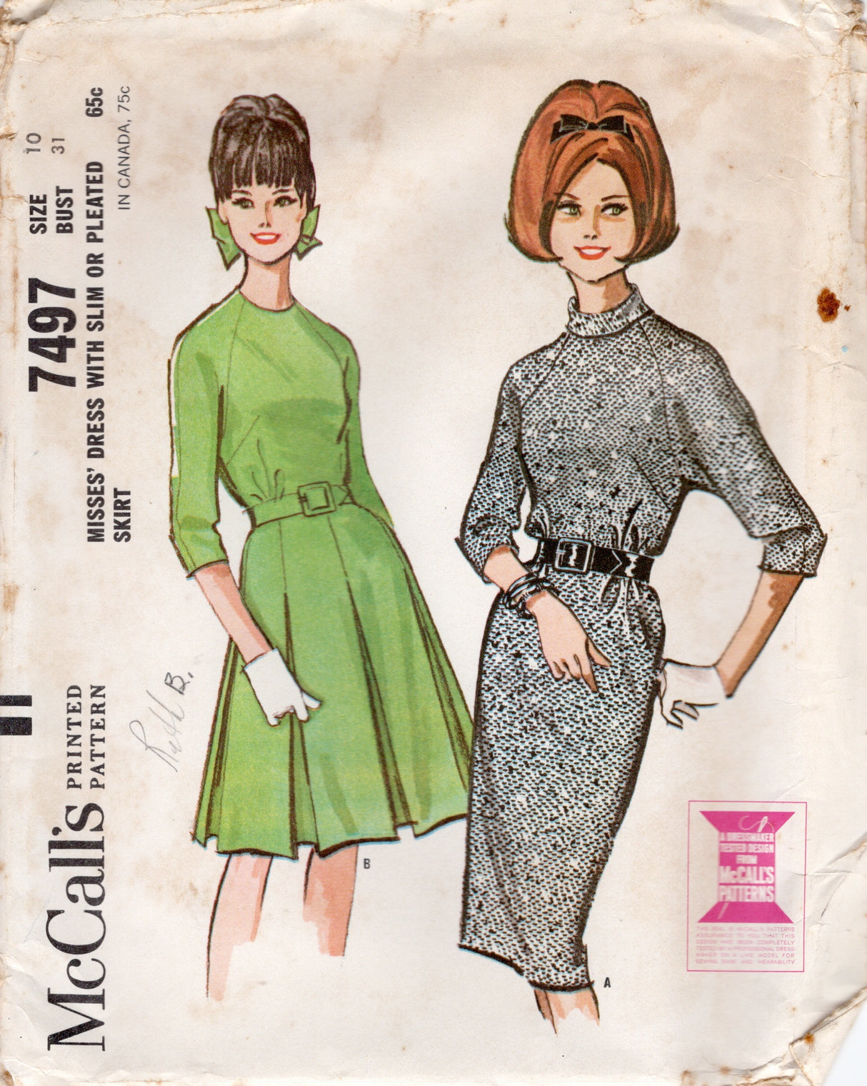 1960's McCall's Raglan Sleeve Dress in Two Styles - Bust 31" - No. 7497