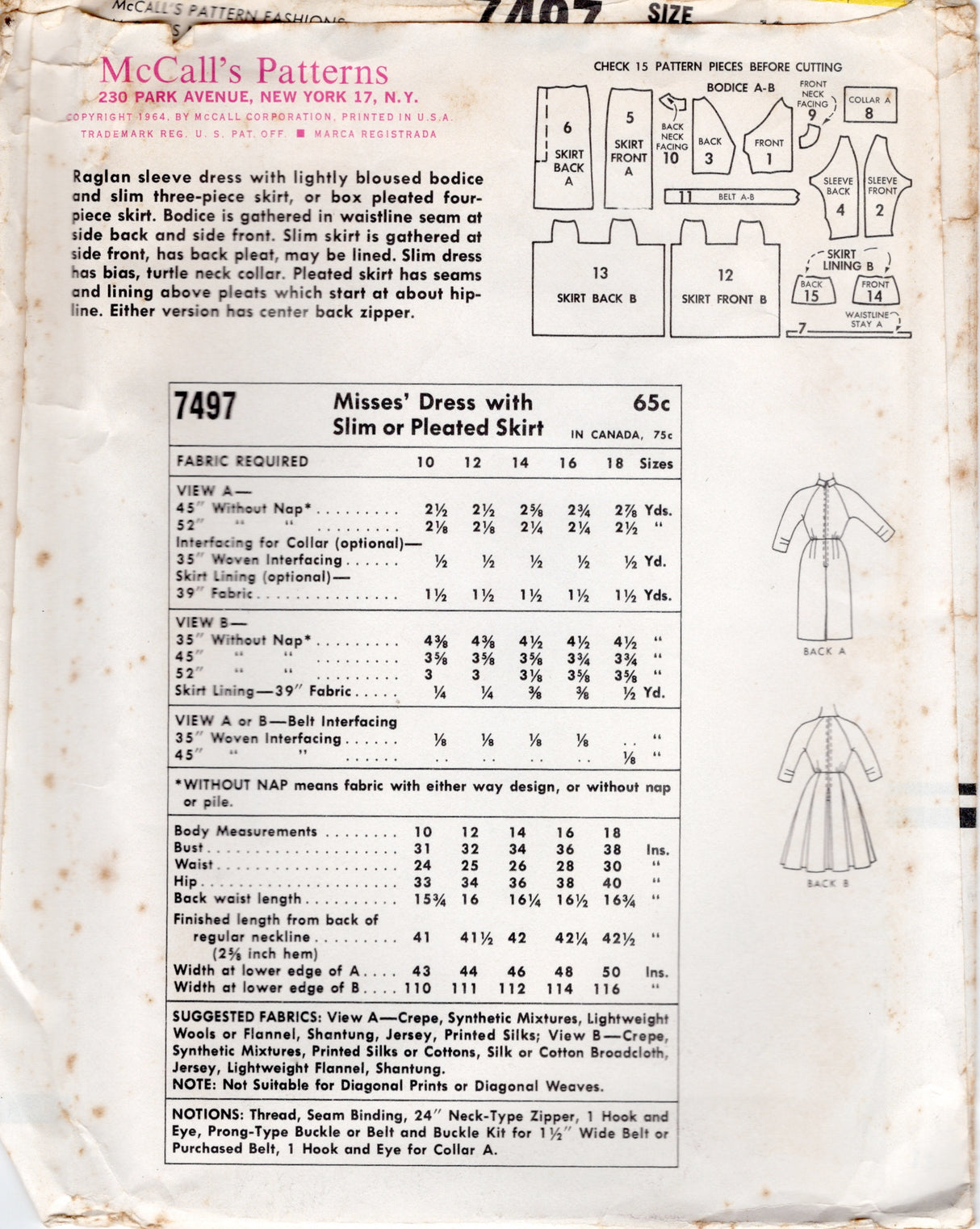 1960's McCall's Raglan Sleeve Dress in Two Styles - Bust 31" - No. 7497