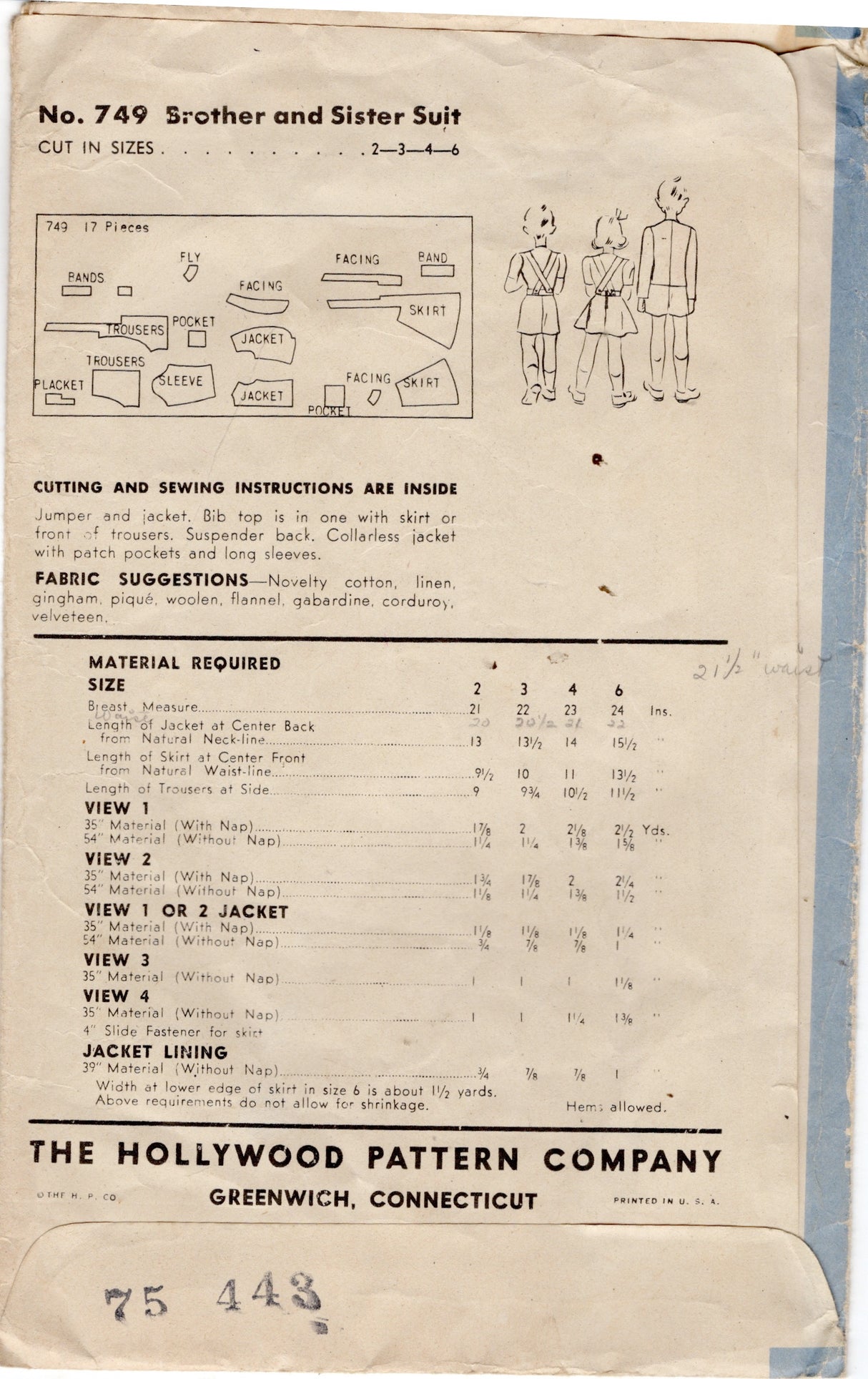 1940's Hollywood Child's Romper and Jacket pattern - Chest 22" - No. 749