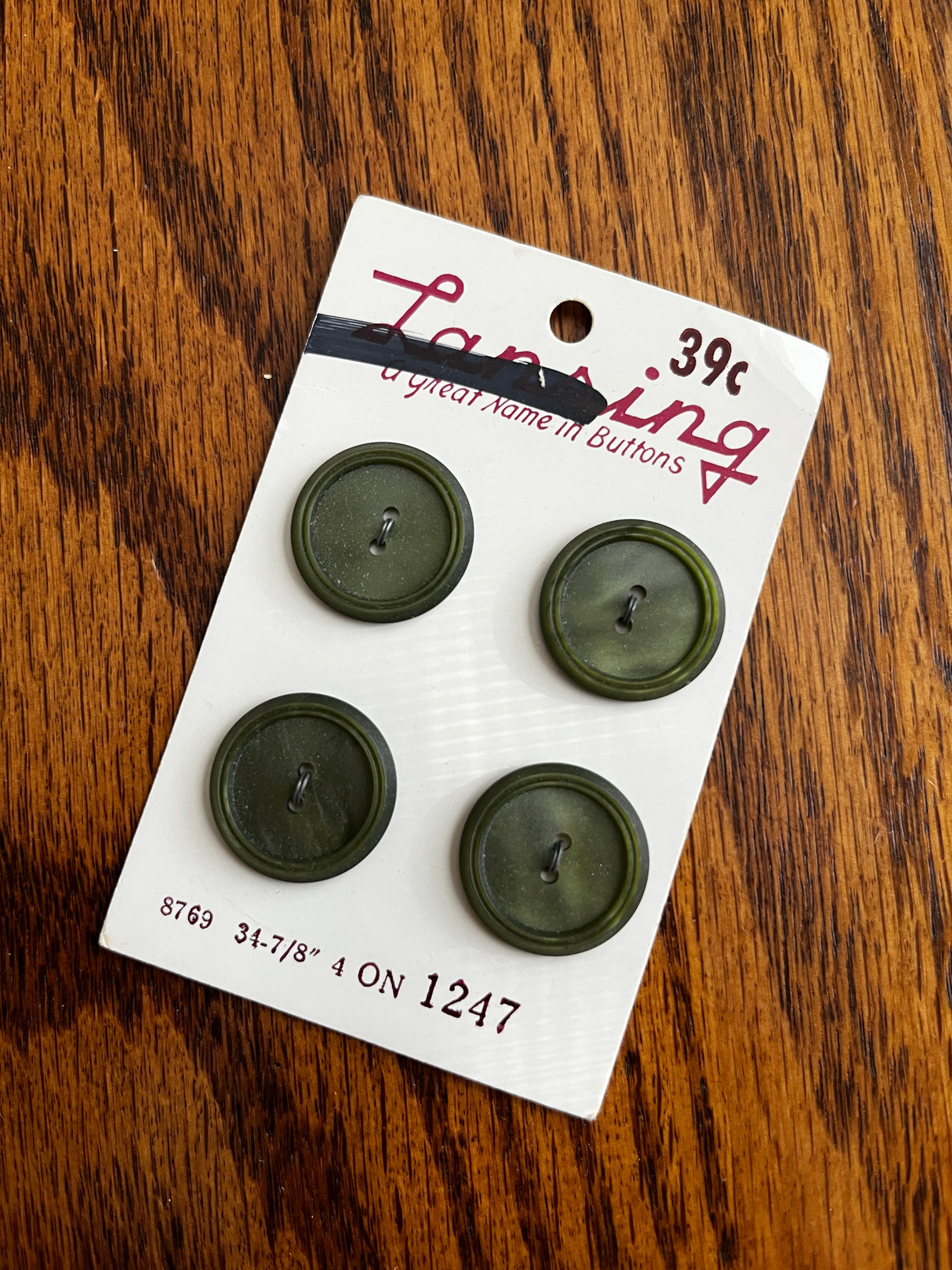 1970’s Lansing Olive Green Plastic Button - Set of 4 - 7/8” - on card