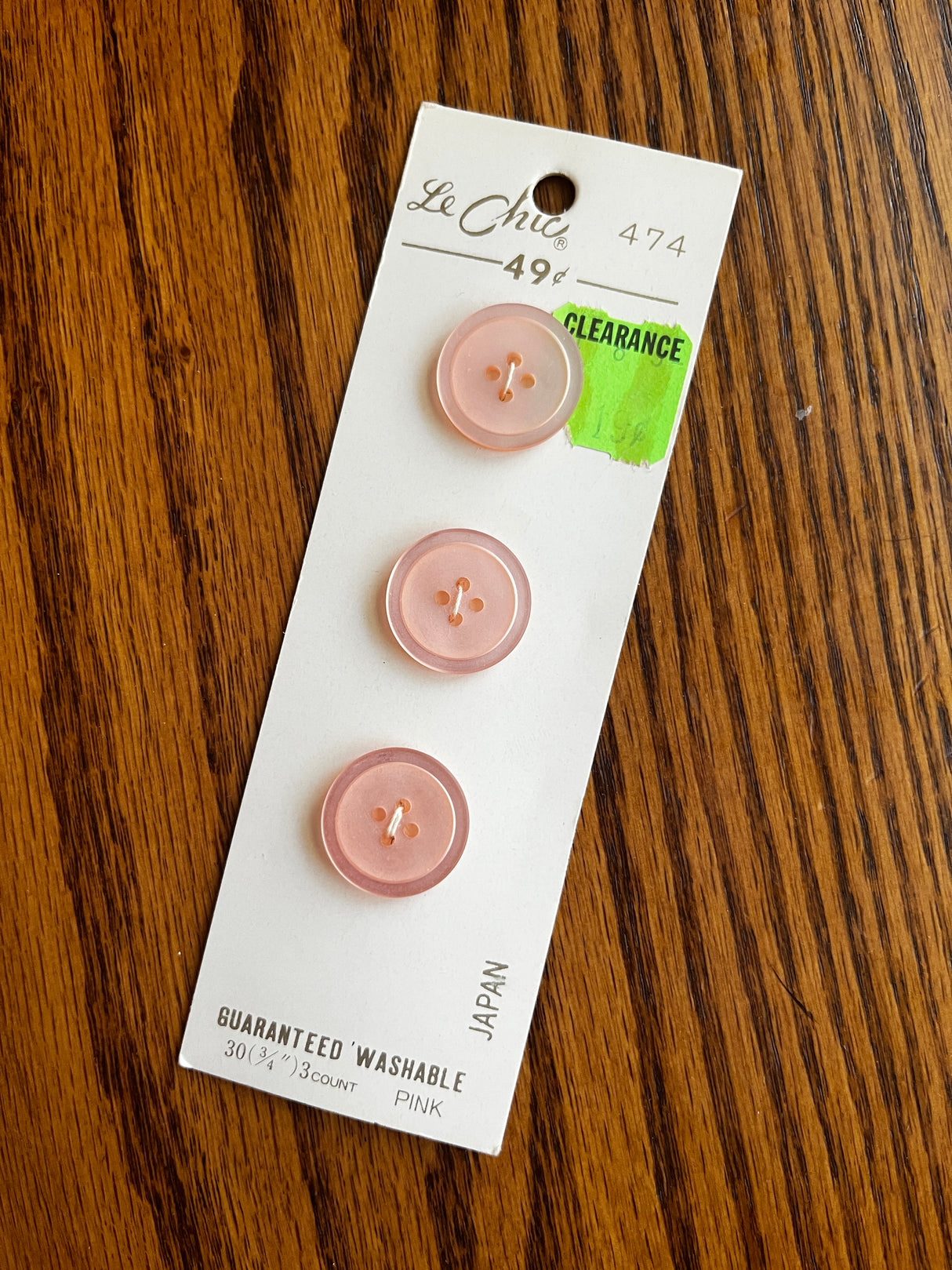 1980’s Le Chic Light Pink Plastic Buttons - Set of 3 - 3/4" - on card