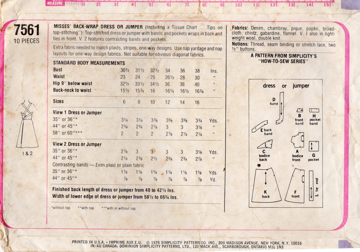 1970's Simplicity "How to Sew" Back Wrap Dress Pattern - Bust 34" - No. 7561