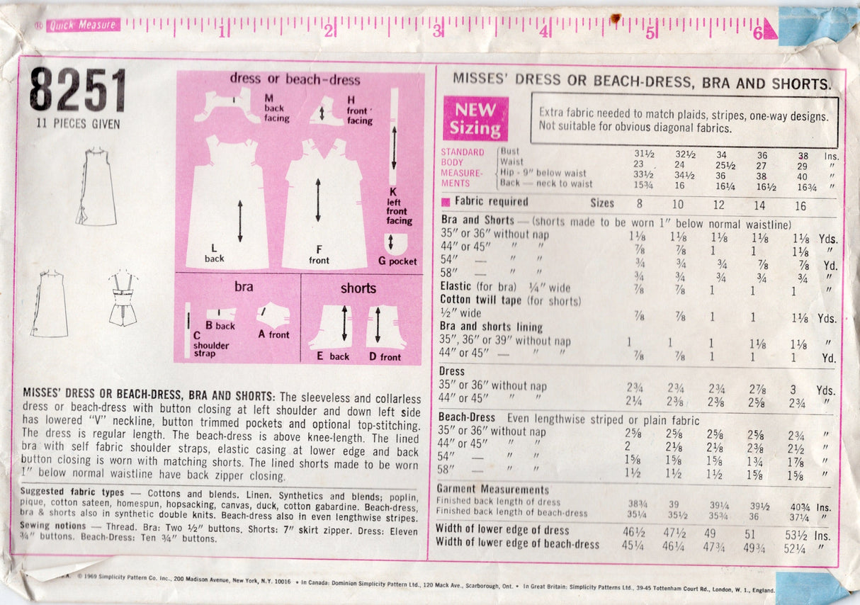 1960's Simplicity Beach Dress, Bra and Shorts Pattern - Bust 31.5" - No. 8251