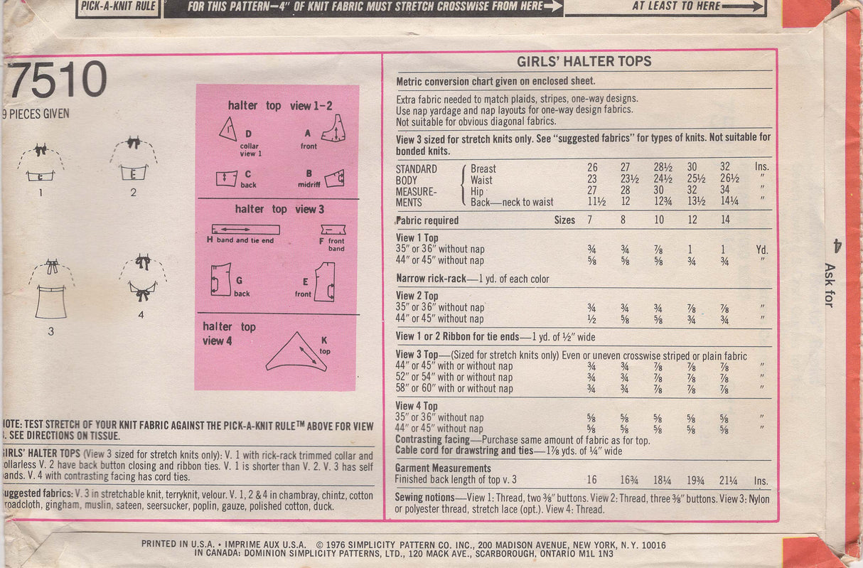 1970's Simplicity Child's Halter Top Pattern - Bust 30-32" - No. 7510