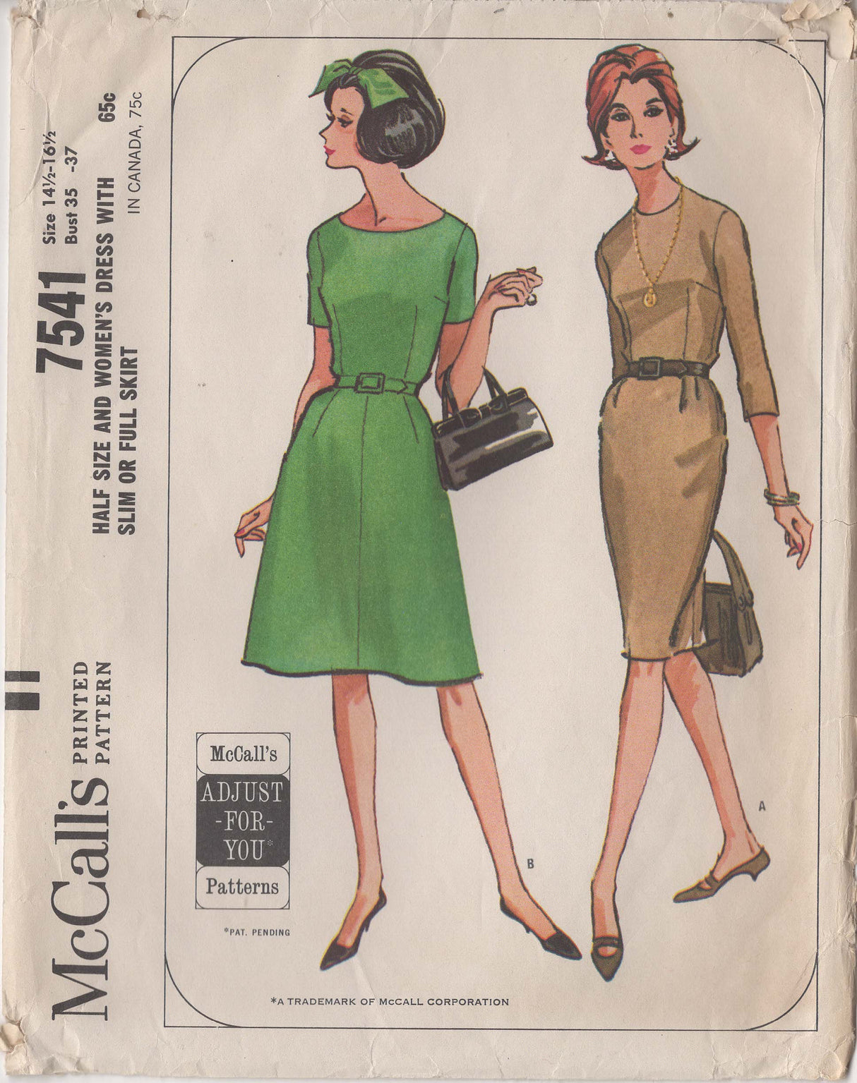 1960's McCall's One Piece Dress with Slim or Full Skirt - Bust 35-37" - No. 7541