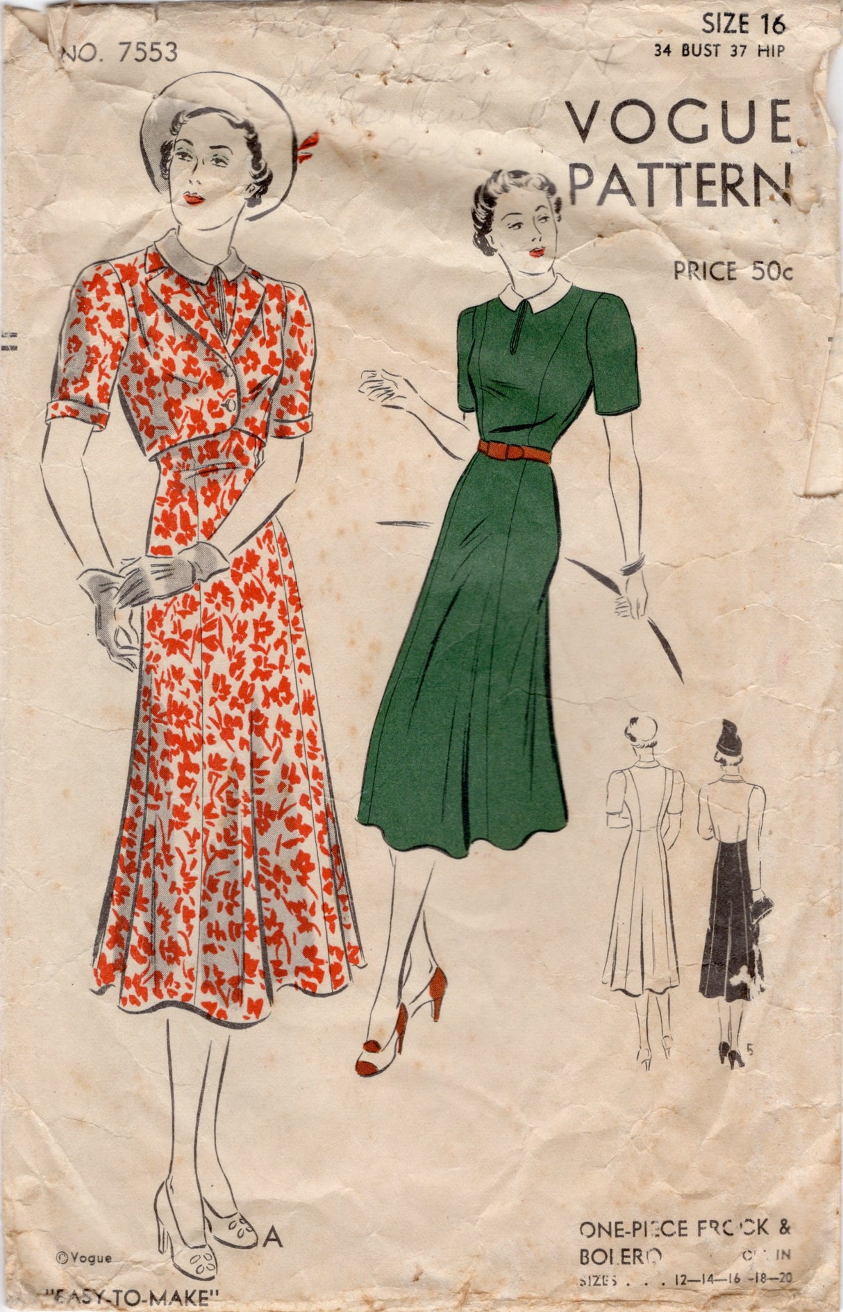 1940's Vogue Princess Line Dress with Slit Neckline and Bolero Jacket pattern - Bust 34" - No. 7553