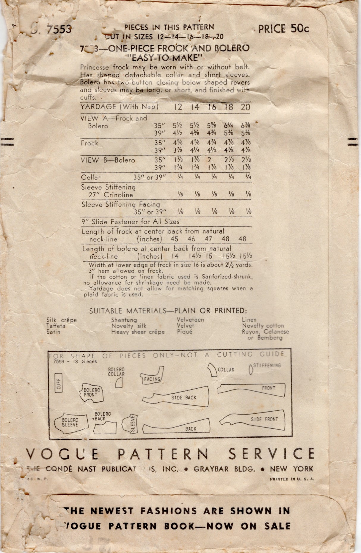 1940's Vogue Princess Line Dress with Slit Neckline and Bolero Jacket pattern - Bust 34" - No. 7553