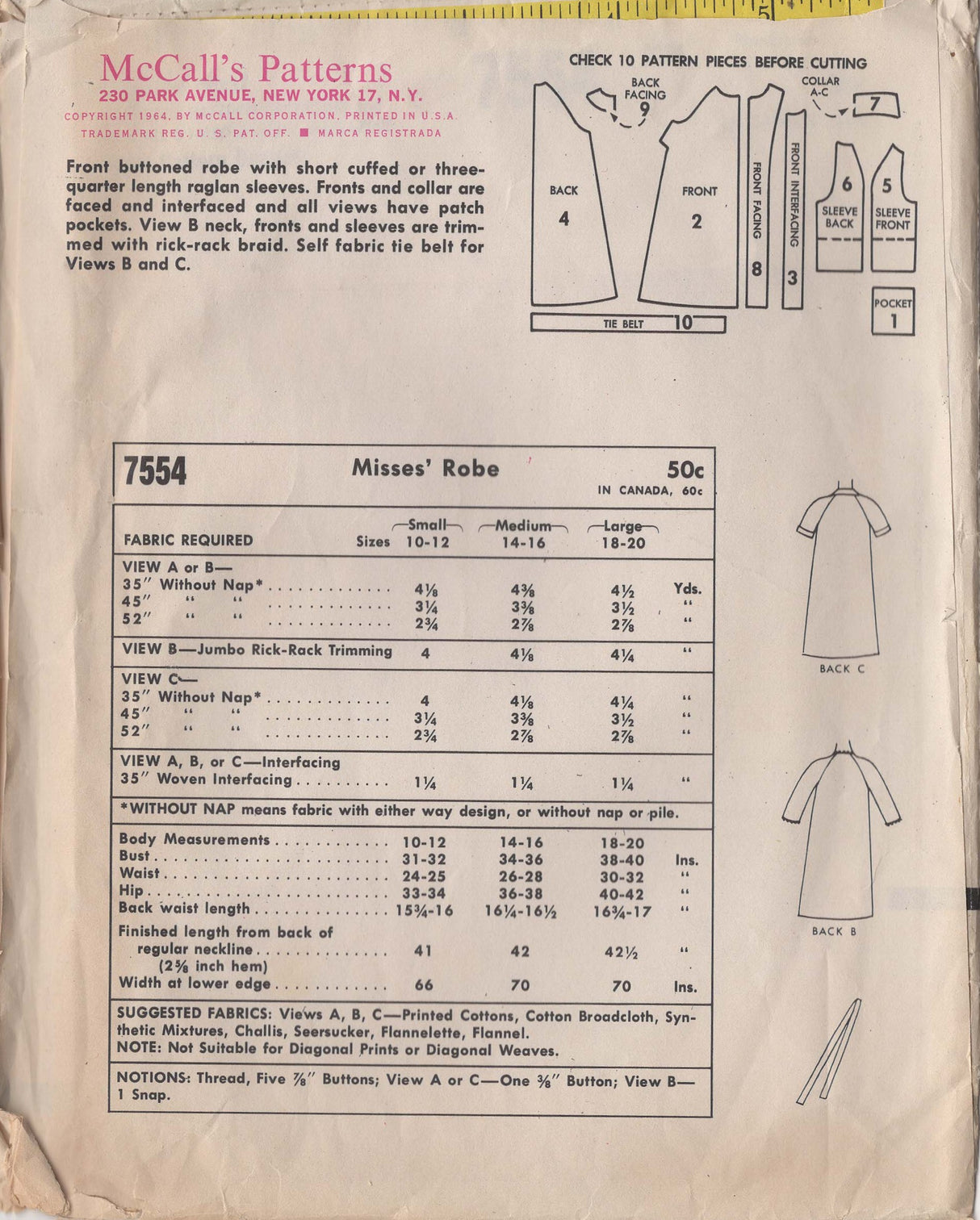 1960's McCall's Robe Pattern - Bust 34-36" - No. 7554
