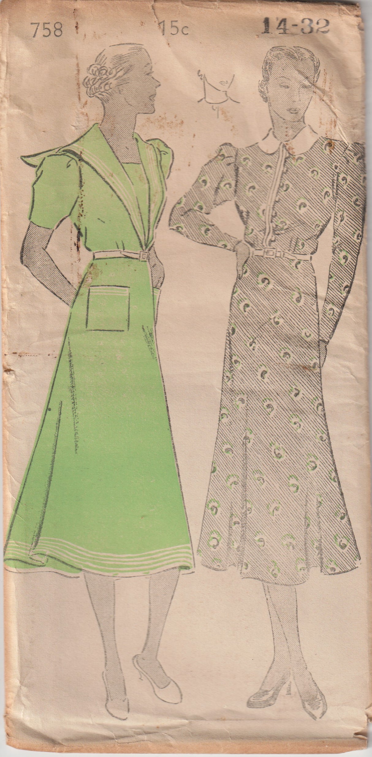 1930's New York One Piece Dress Pattern with Large Sailor Collar - Bust 32" - No. 758