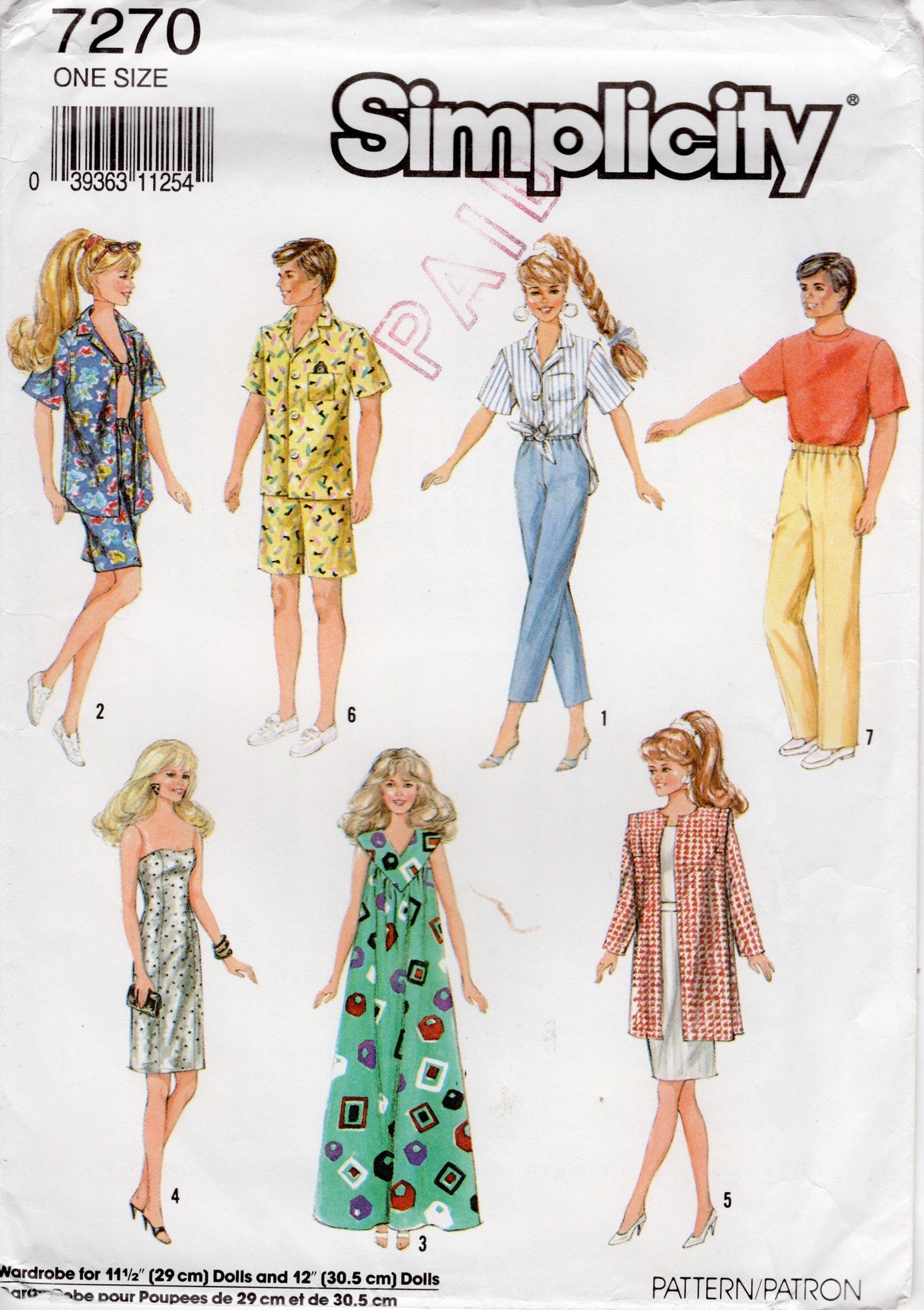 1990's Simplicity 11.5” Doll Clothing Pattern, Shirt, Pants, MuuMuu, Dress, Jacket, Bra Top - No. 7270