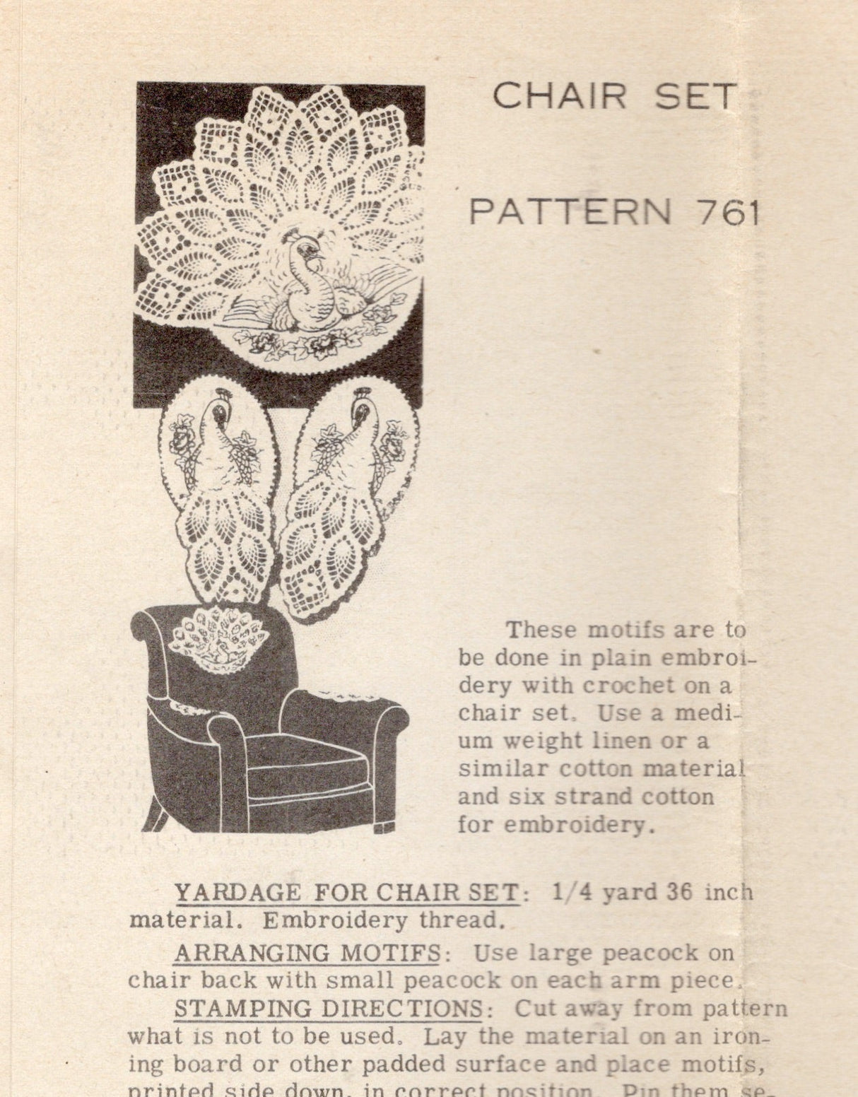 1940's Laura Wheeler Embroidery Transfers for Peacock with Crochet tail Chair Set - One Size - No. 761