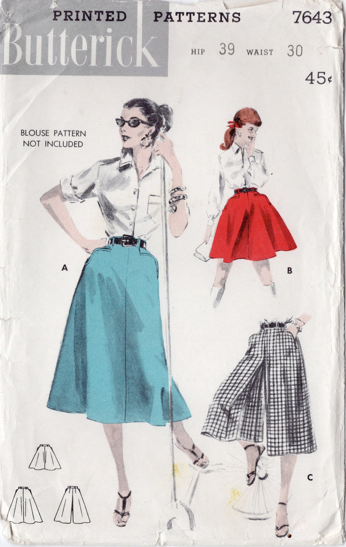 1950's Butterick "Sport" Skirt and Culotte Pattern - Waist 30" - No. 7643