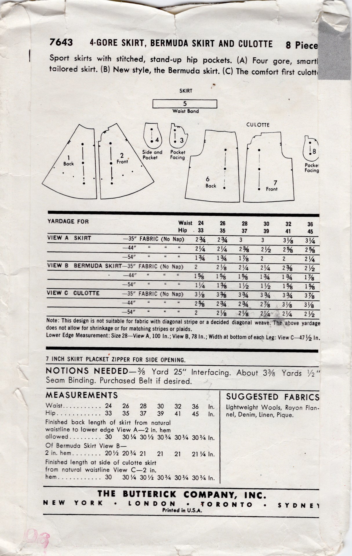 1950's Butterick "Sport" Skirt and Culotte Pattern - Waist 30" - No. 7643