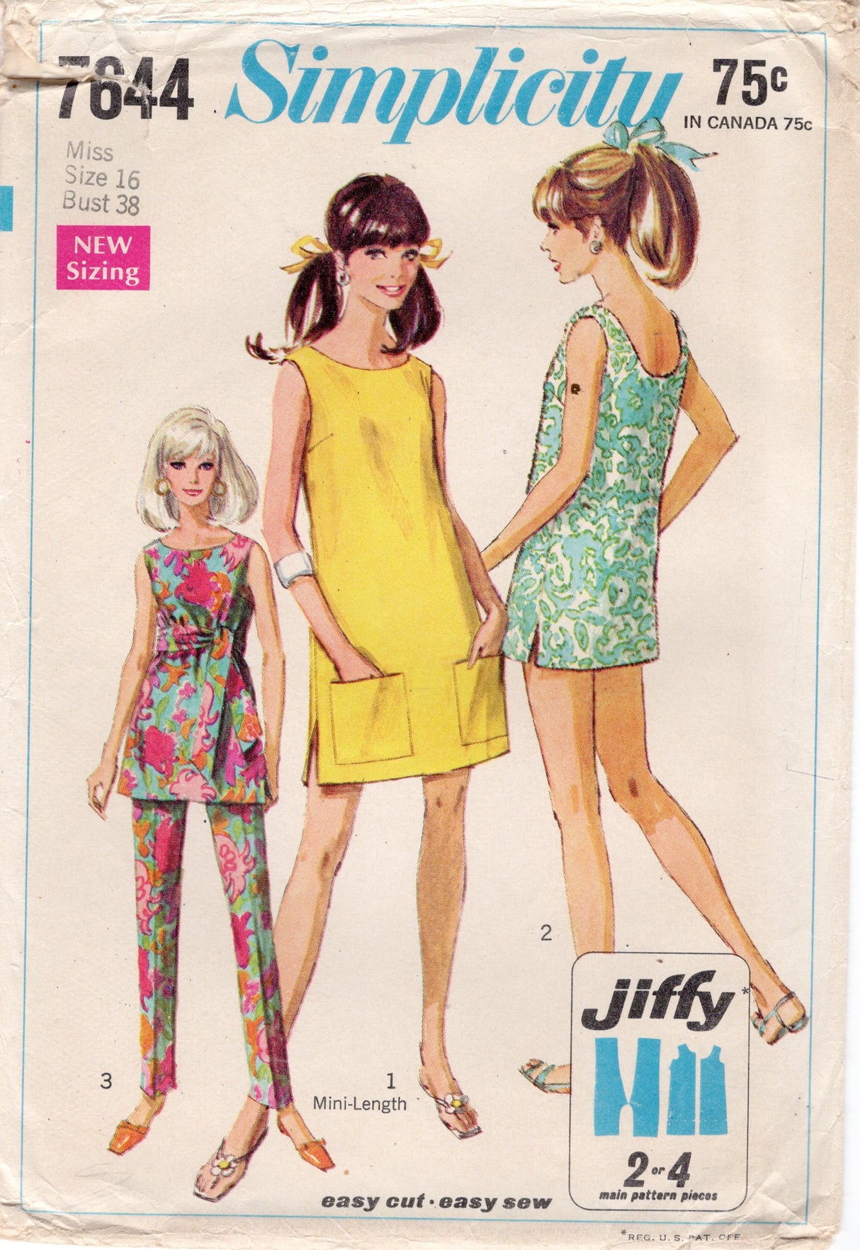 1960’s Simplicity Mini Dress or Tunic Top and Pants Pattern - Bust 38” - No. 7644
