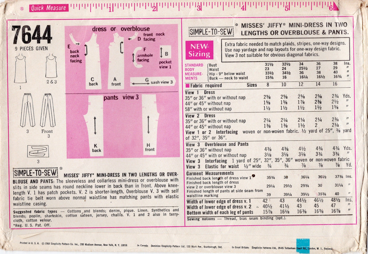 1960’s Simplicity Mini Dress or Tunic Top and Pants Pattern - Bust 38” - No. 7644