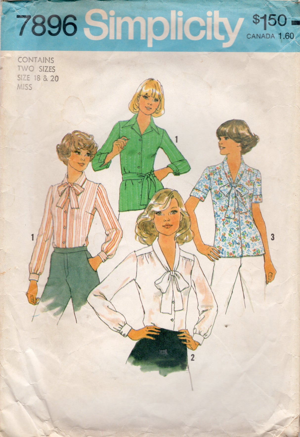 1970's Simplicity Button Up Blouse Pattern with Bow Accent - Bust 40" - No. 7896