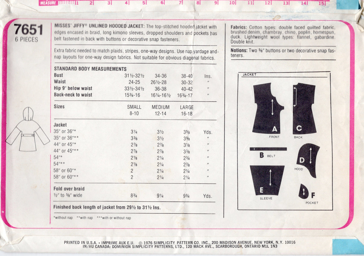 1970's Simplicity Unlined Quilted Jacket Pattern - Bust 38-40" - No. 7651