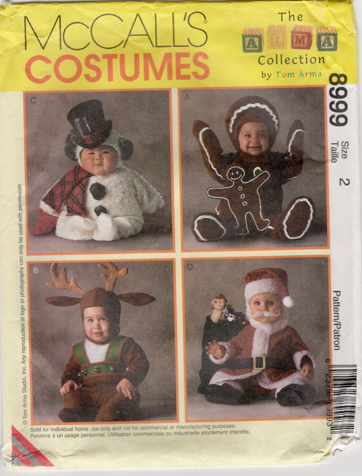 1990's McCall’s Toddler Snowman, Gingerbread, Reindeer, Santa Costume - Chest 21" - No. 8999