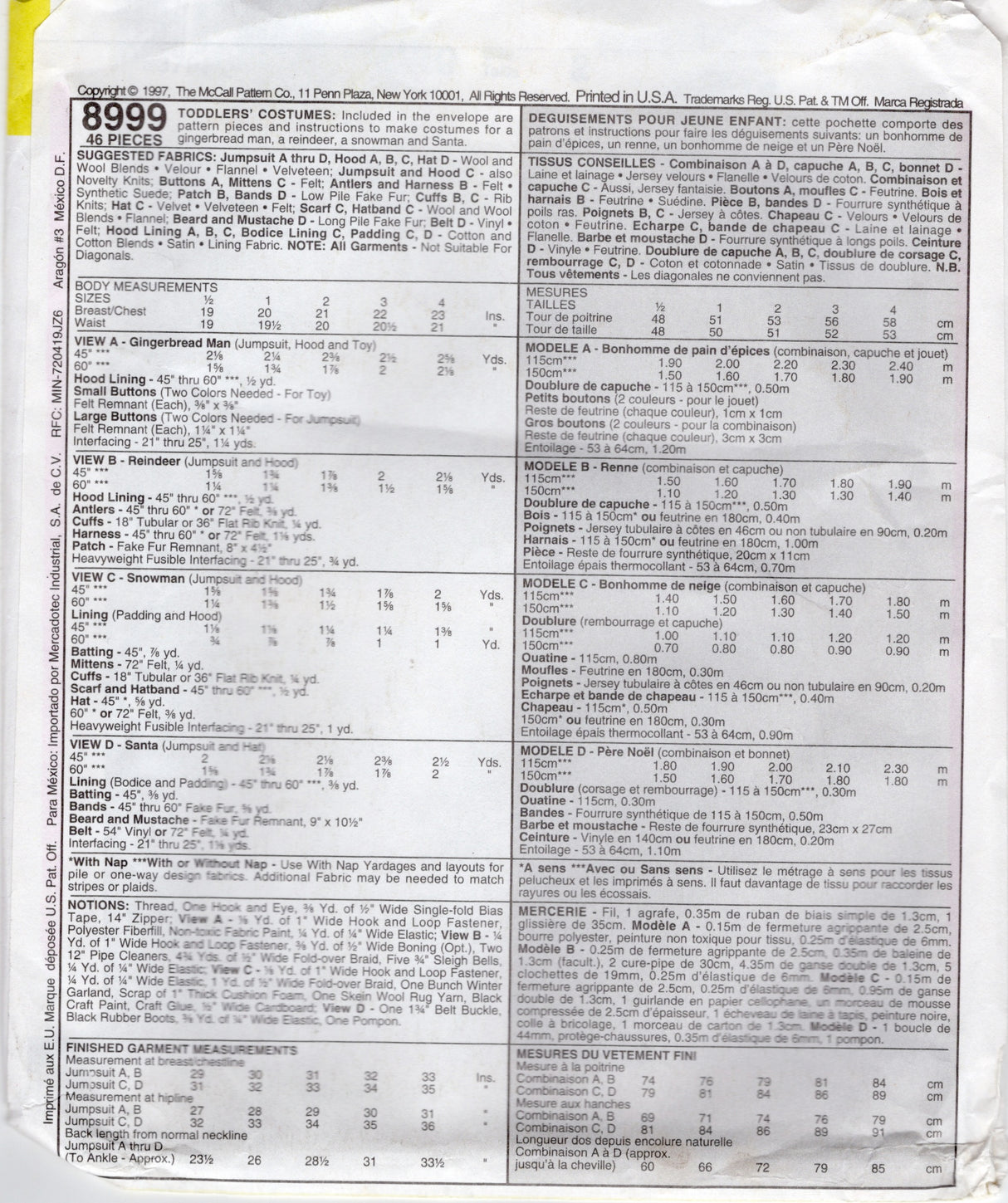 1990's McCall’s Toddler Snowman, Gingerbread, Reindeer, Santa Costume - Chest 21" - No. 8999