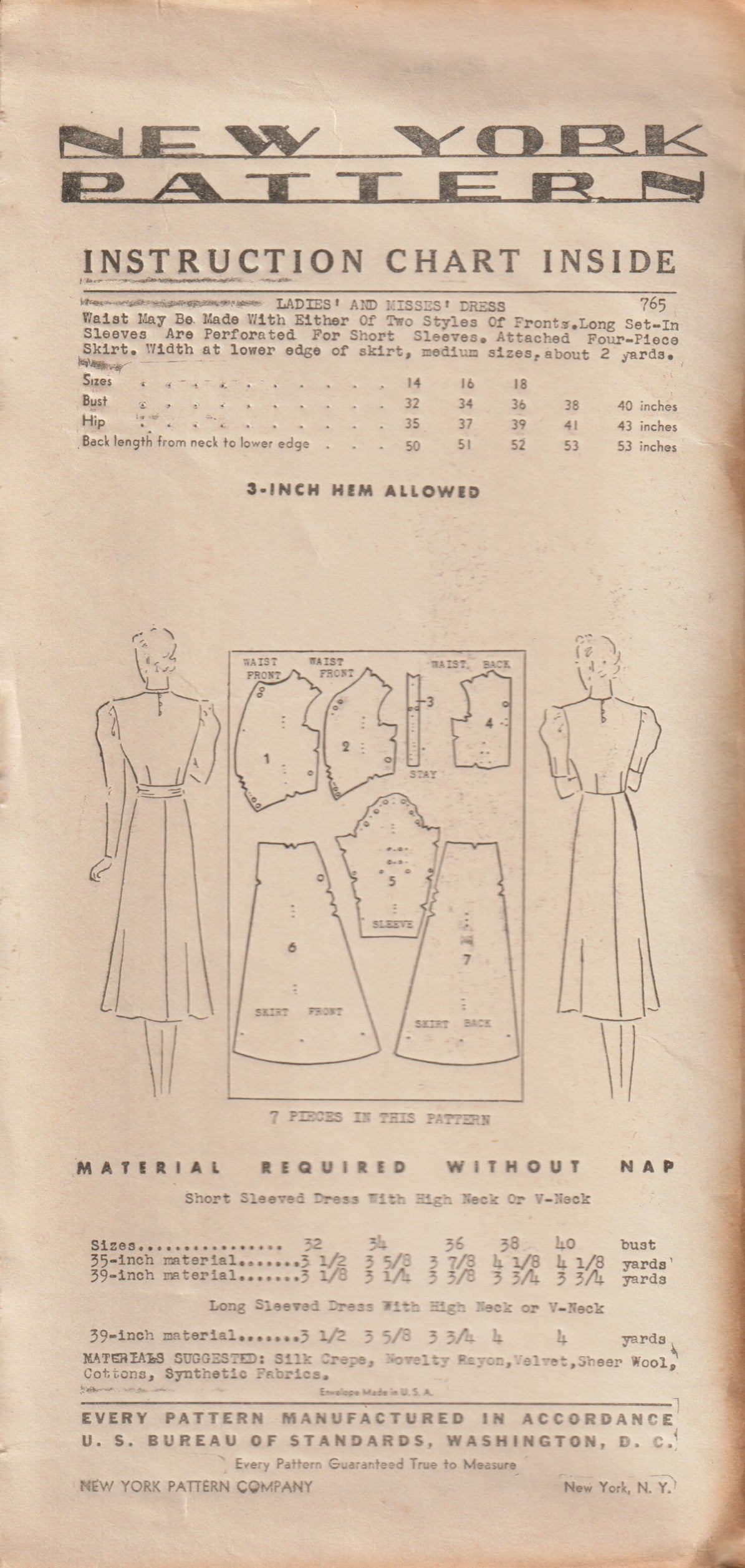 1930's New York Ruched Front Bodice Dress Pattern - Bust 36" - No. 765