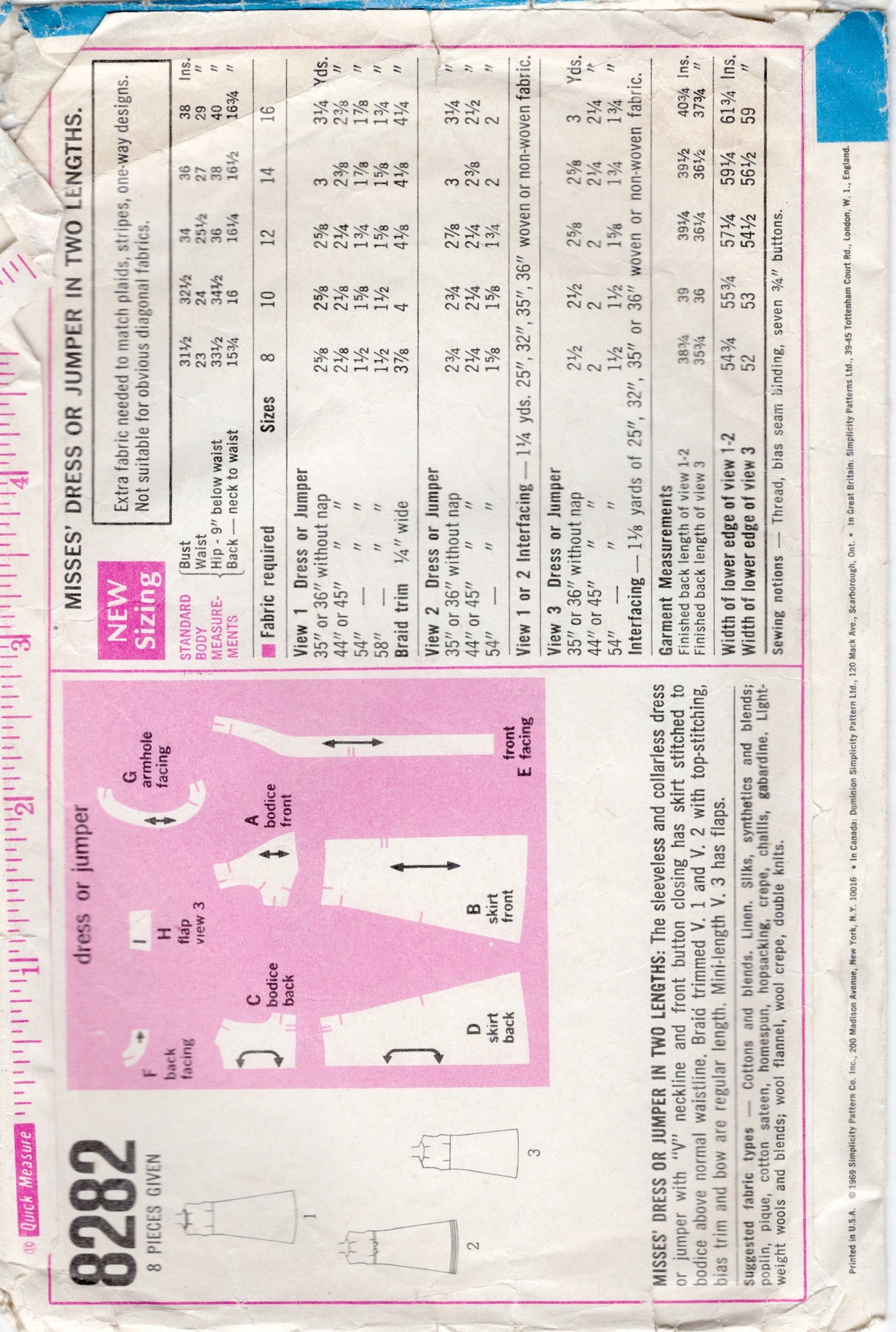 1960's Simplicity Empire Waist Button Up Jumper Dress Pattern - Bust 36" - No. 8282