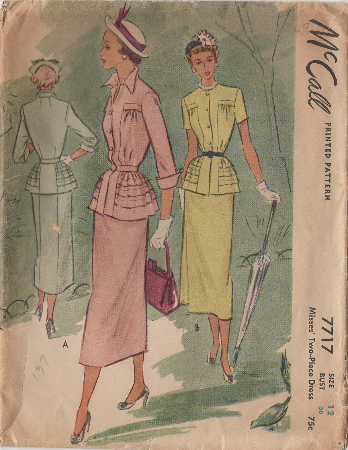 1940's McCall Two Piece Dress with Tucked Peplum - Bust 30" - No. 7717