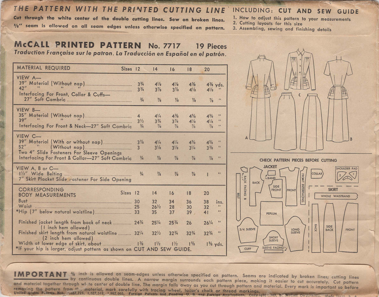 1940's McCall Two Piece Dress with Tucked Peplum - Bust 30" - No. 7717