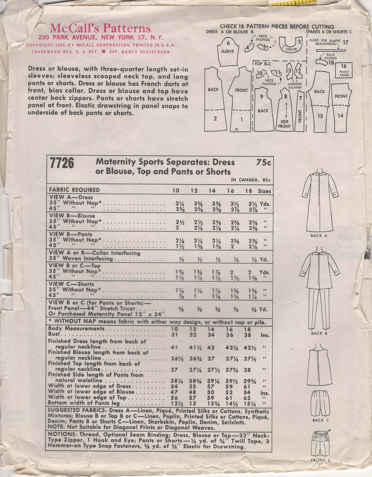 1960's McCall's Maternity Sports Separates; Dress, Top, Pants or Shorts - Bust 32" - No. 7726