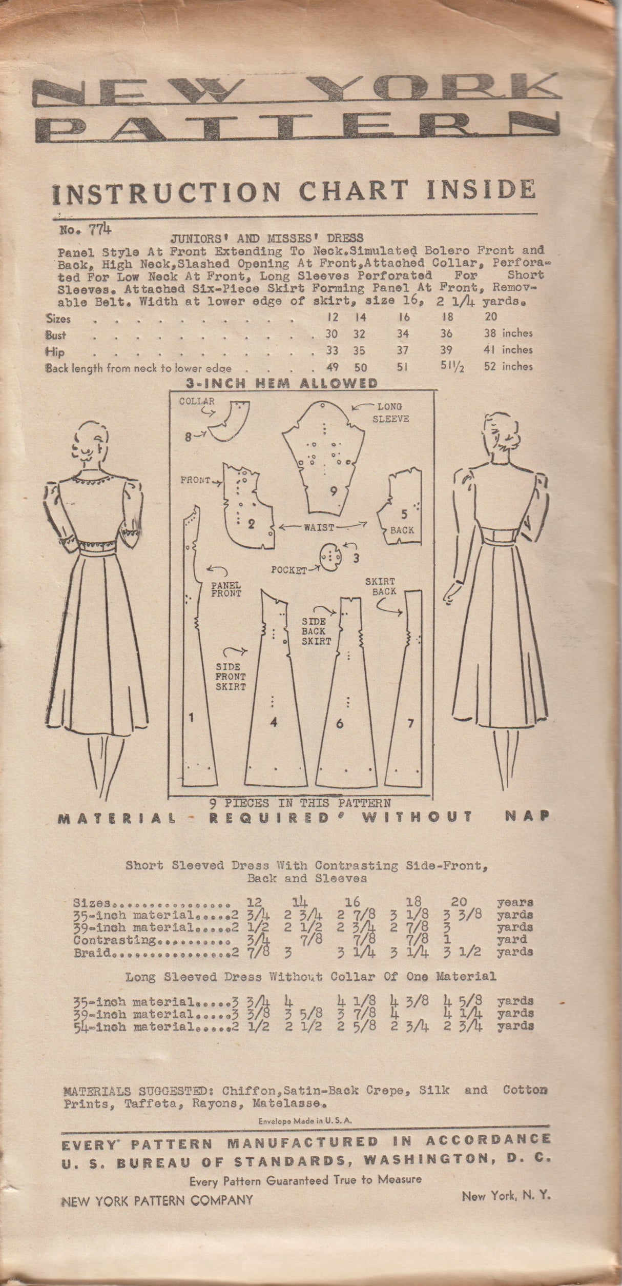 1930's New York Bodice Yoke Dress Pattern - Bust 32" - No. 774