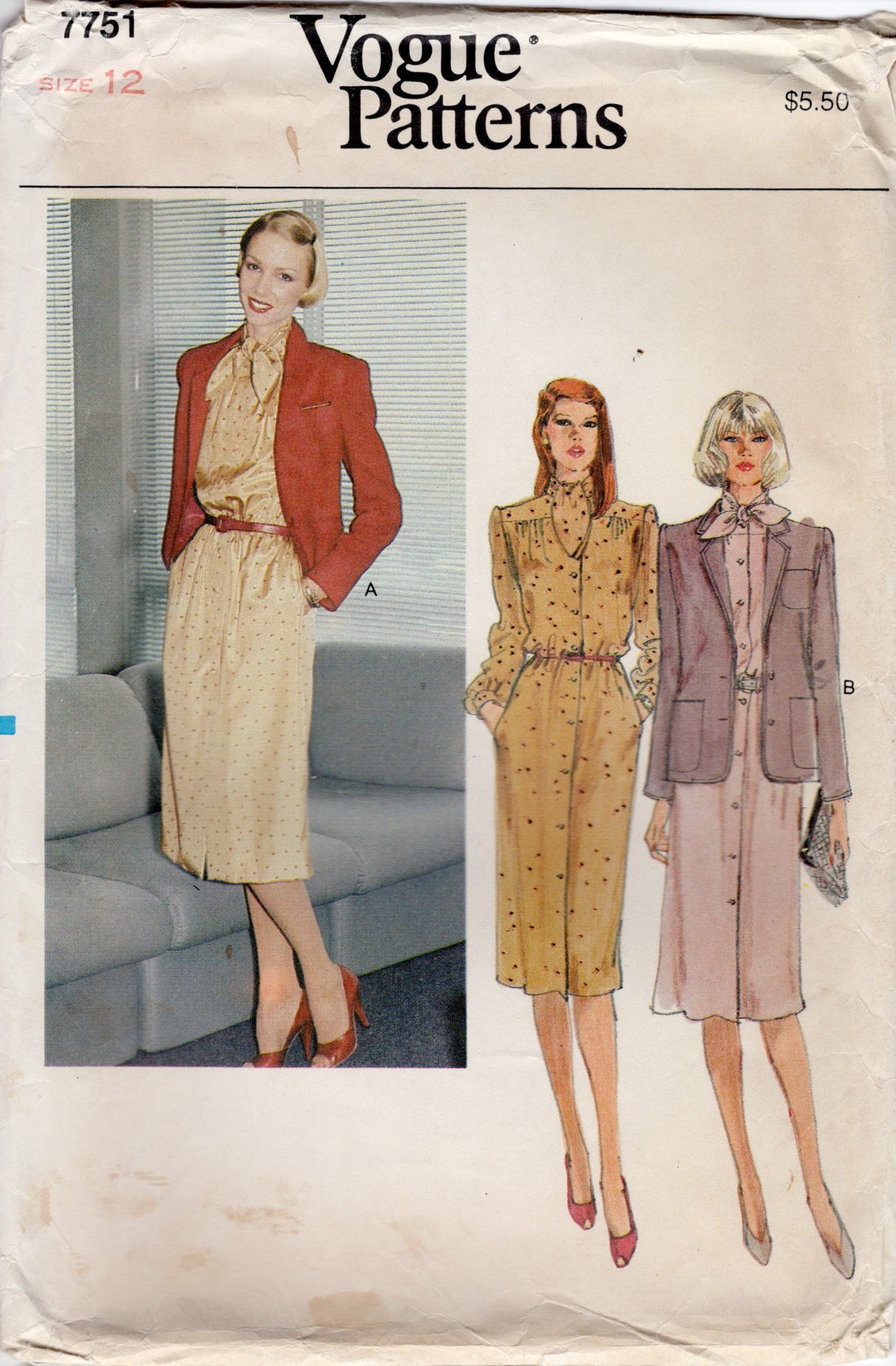 1980's Vogue Button Up Dress and Jacket Pattern - Bust 34" - No. 7751
