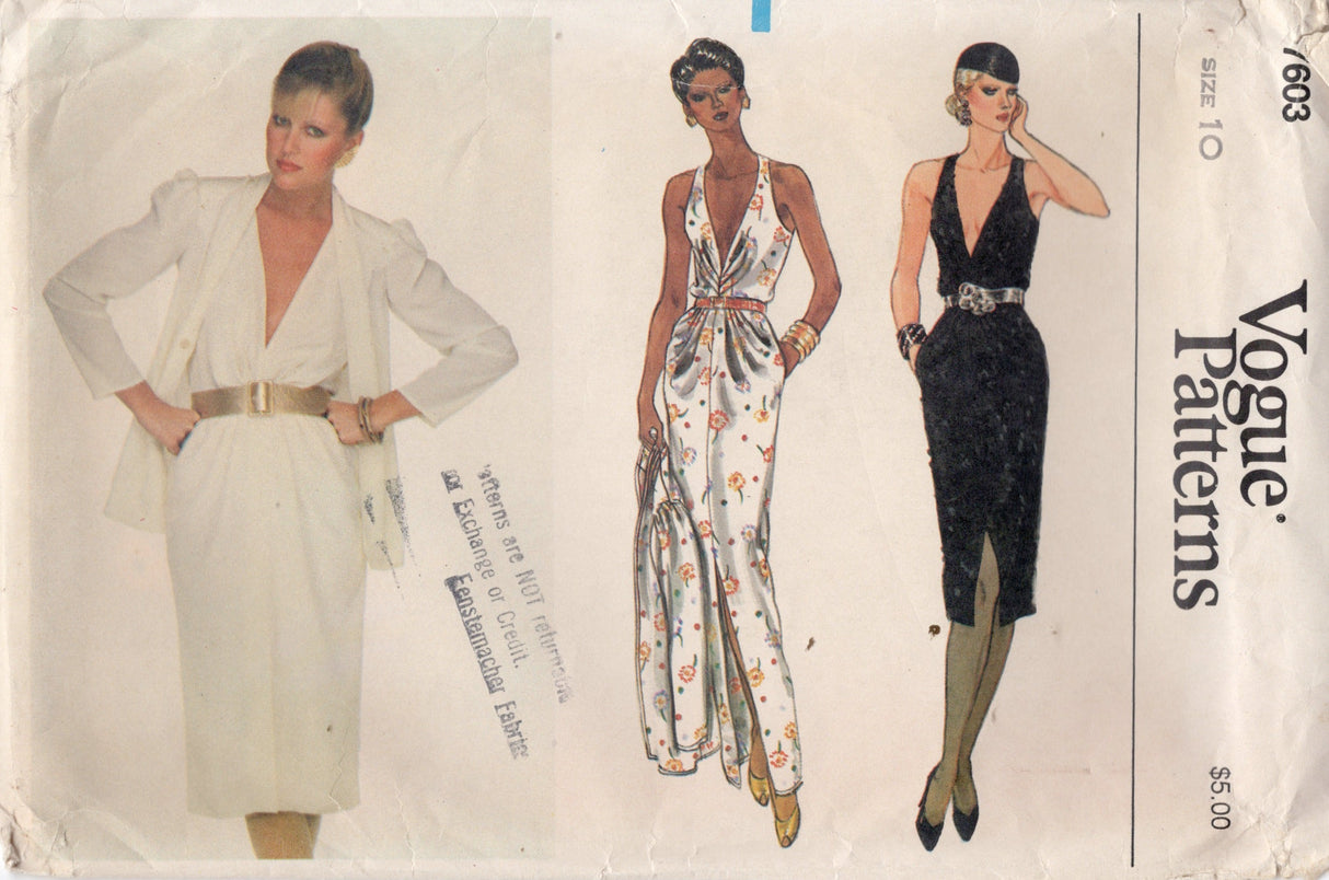 1980's Vogue Deep V Neck Dress and Jacket Pattern - Bust 32.5" - No. 7603