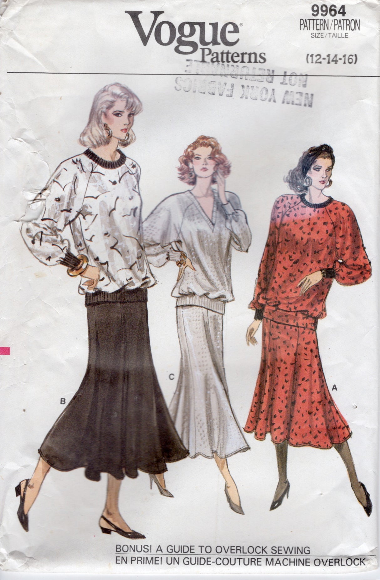 1980’s Vogue Oversized Pullover Top and Skirt pattern - Bust 34-38" - No. 9964