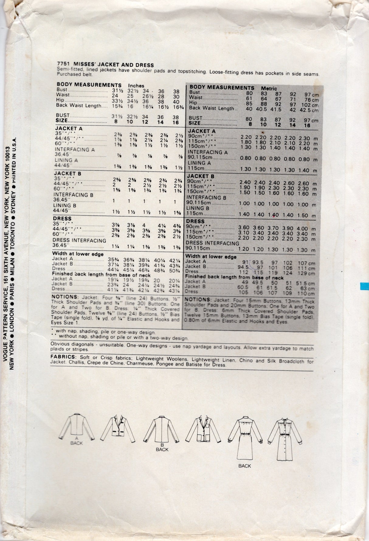 1980's Vogue Button Up Dress and Jacket Pattern - Bust 34" - No. 7751