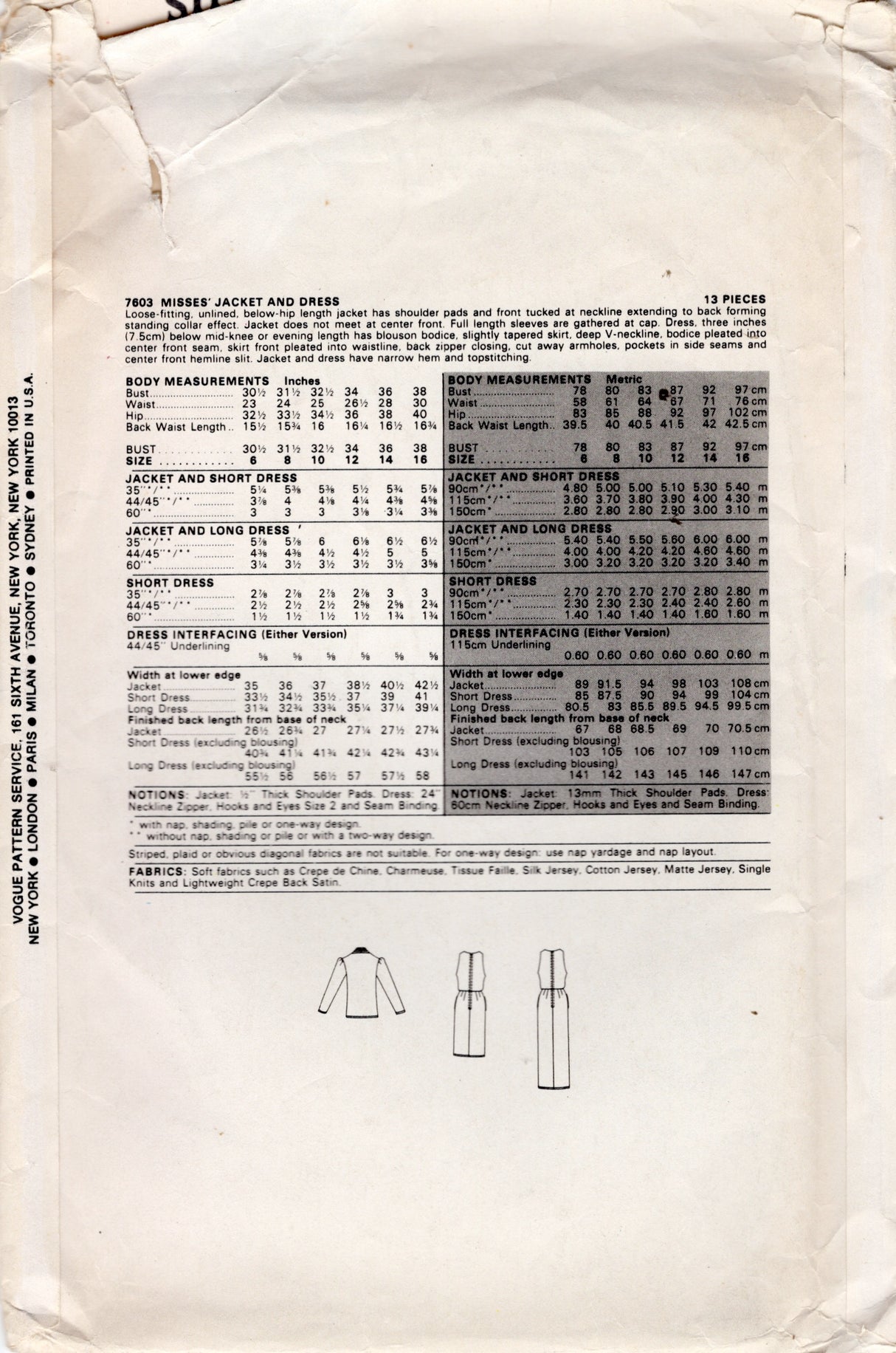1980's Vogue Deep V Neck Dress and Jacket Pattern - Bust 32.5" - No. 7603