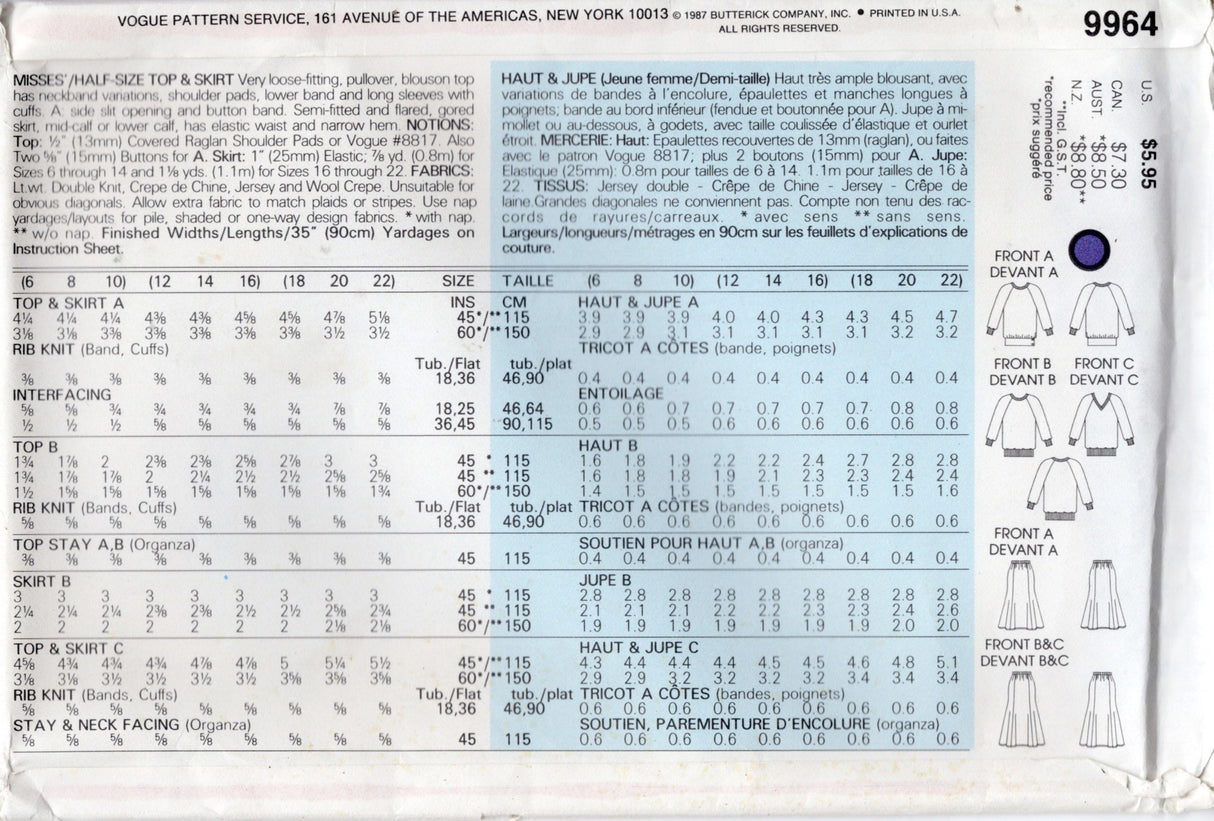 1980’s Vogue Oversized Pullover Top and Skirt pattern - Bust 34-38" - No. 9964