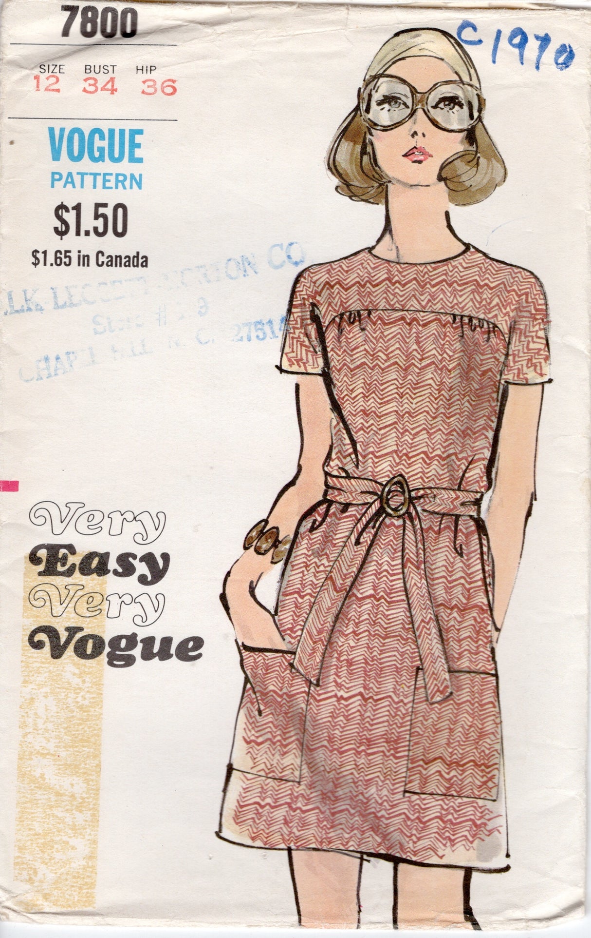 1970's Very Easy Very Vogue One Piece Yoked Dress Pattern - Bust 34" - No. 7800
