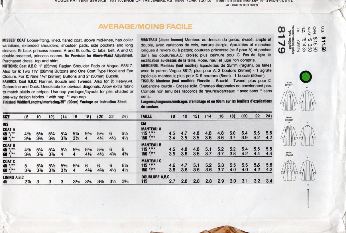 1990's Vogue Swing Coat pattern - Bust 31.5-34" - No. 8179