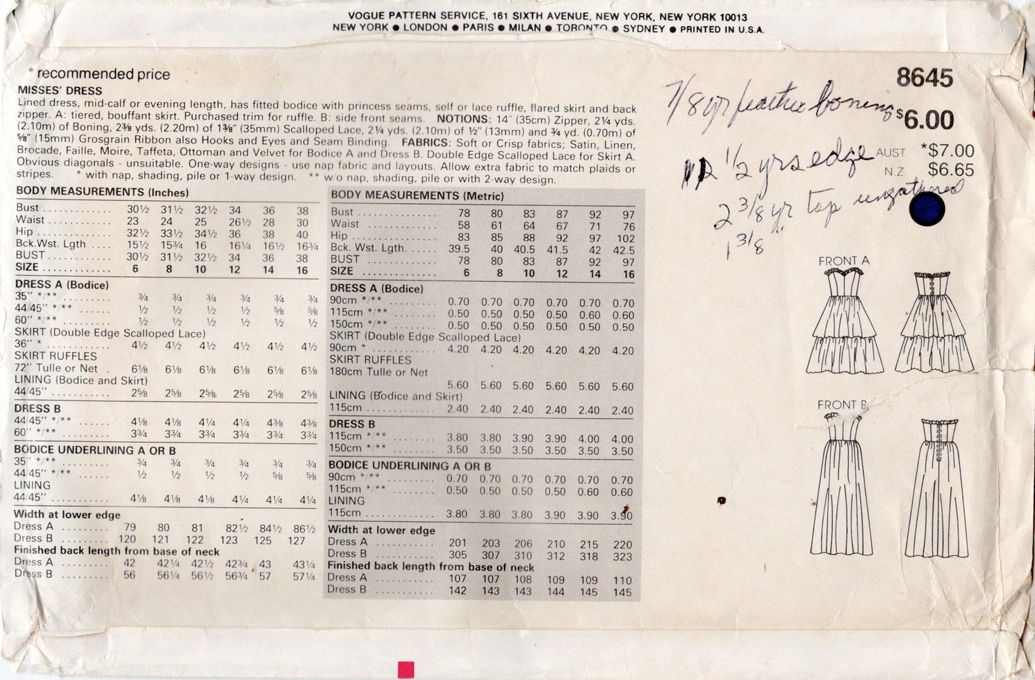 1980's Vogue Strapless Sweetheart Neckline Evening Gown pattern - Bust 30.5-31.5" - No. 8845