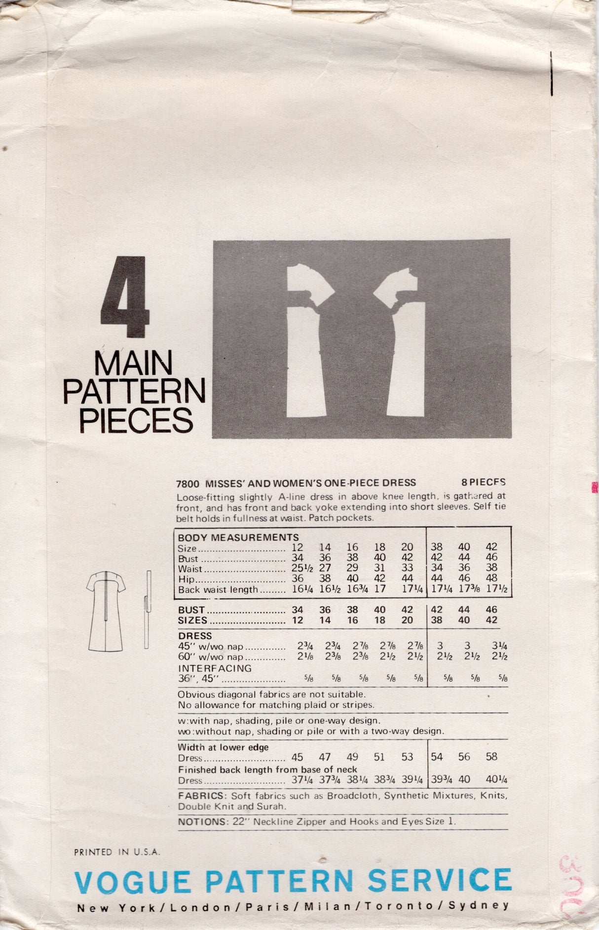 1970's Very Easy Very Vogue One Piece Yoked Dress Pattern - Bust 34" - No. 7800