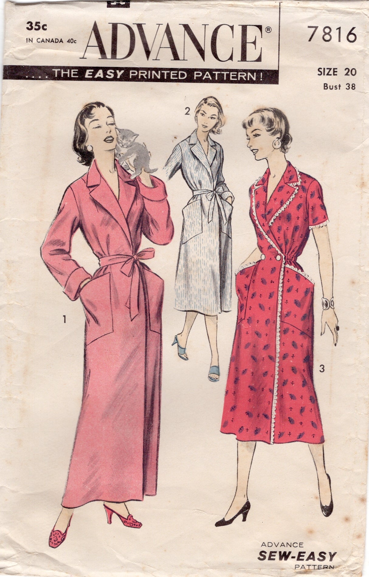 1950’s Advance Robe or Housecoat Pattern- Bust  38” - No. 7816